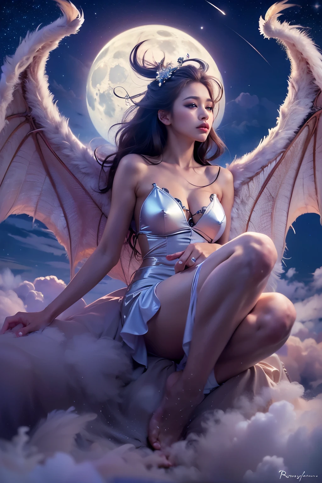 ((best quality)), ((masterpiece)), (detailed), alluring succubus, ethereal beauty, perched on a cloud, (RAW photo, photorealistic:1.3), enchanting gaze, captivating pose, delicate wings, otherworldly charm, mystical sky, moonlit night, soft colors, (detailed cloudscape:1.3), (high-resolution:1.2)