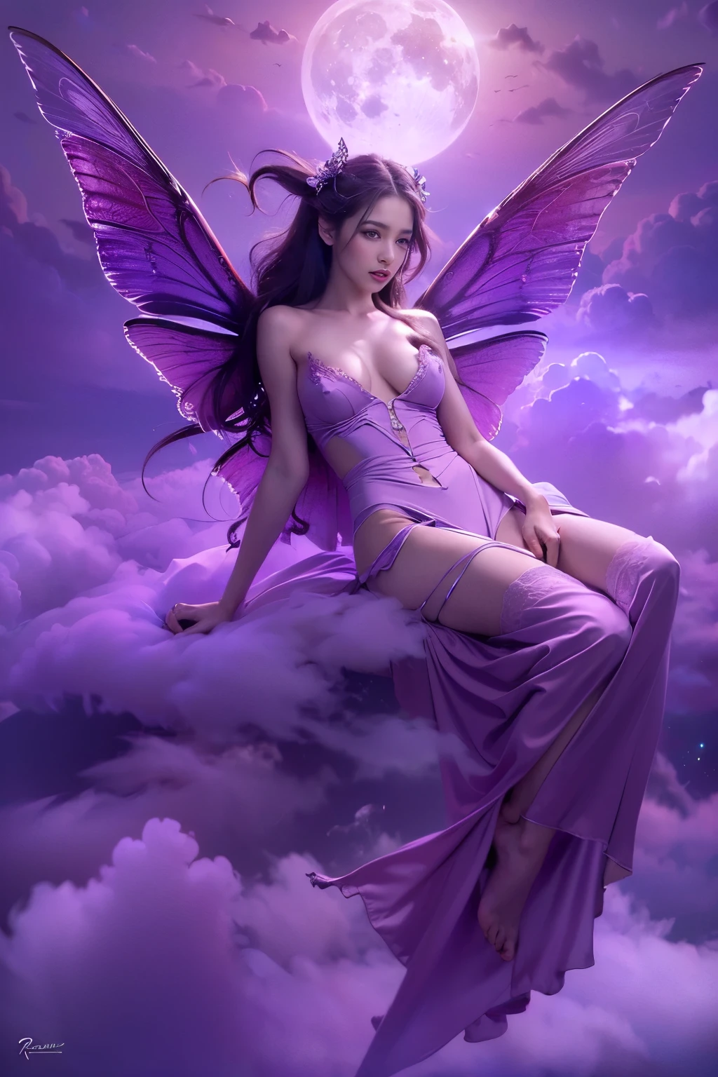 ((best quality)), ((masterpiece)), (detailed), alluring succubus, ethereal beauty, perched on a cloud, (RAW photo, photorealistic:1.3), enchanting gaze, captivating pose, delicate wings, otherworldly charm, mystical sky, moonlit night, soft colors, (detailed cloudscape:1.3), (high-resolution:1.2)