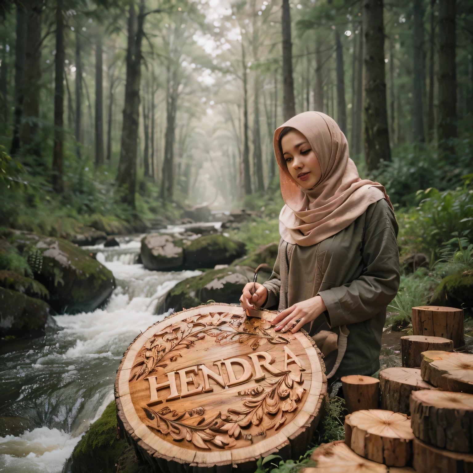 Seorang wanita cantik berjilbab carving nama"HENDRA" on a round a piece wood,with 3D lettering,natural wood colour, and a forest background with big trees, a river and green graas, and the water fall, and high-quality scanner,photography,SIGMA 85mm f/1.4 cinematic lighting, very detailed,UHD,photo realistic 32K,UHD,high octone