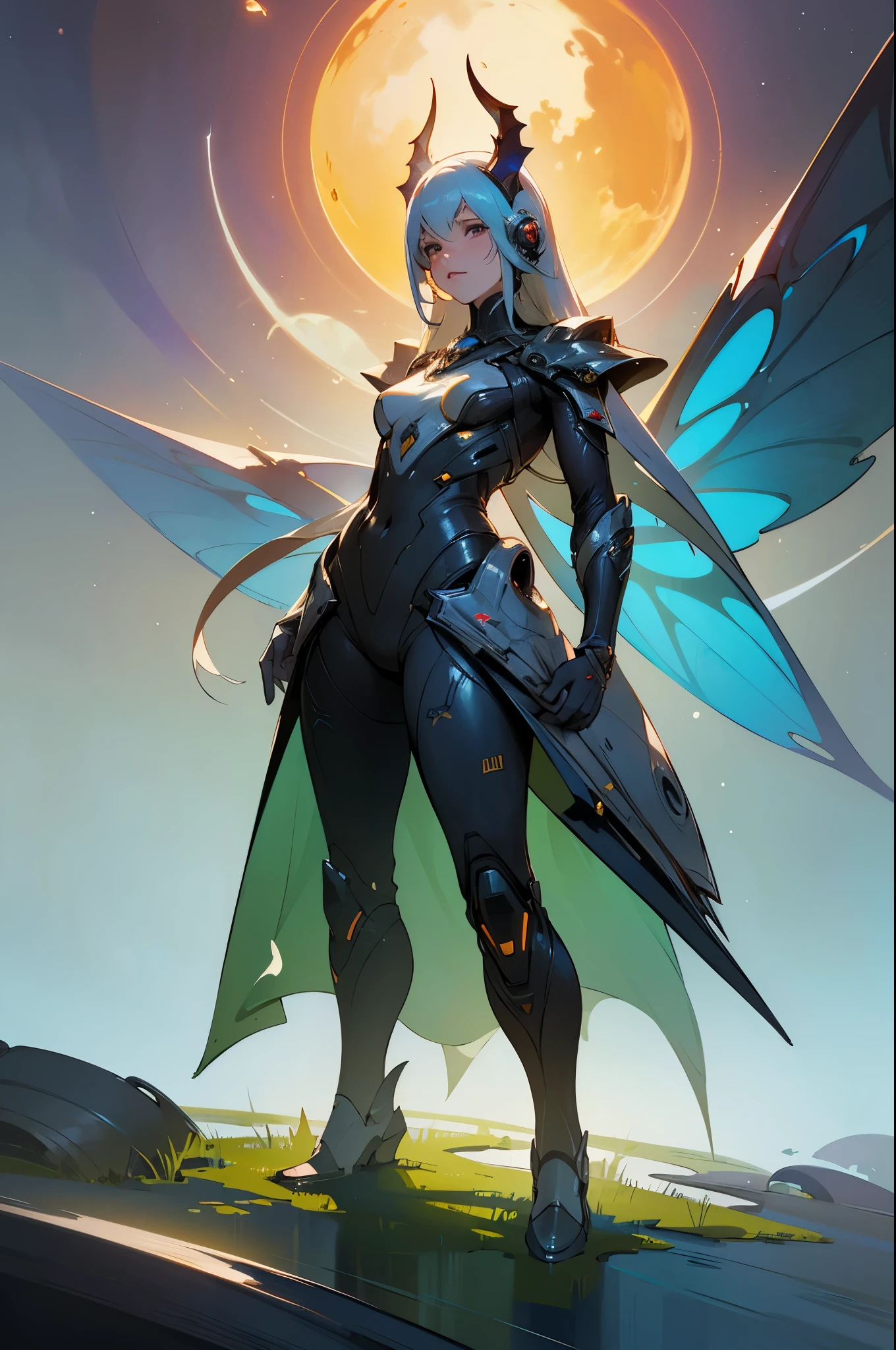 Hornyfier ultra realistic illustration of android fairy, alien homeworld, swamps, snails, beautiful, advanced technology, warframe, special effects, colorful lights, space ship in the distance, intricate, highly detailed, digital painting, artstation, concept art, smooth, sharp focus, illustration, art by artgerm and tim mcburnie and anato finnstark horns, (Masterpiece:1.3) (best quality:1.2) (high quality:1.1), full body, standing up,