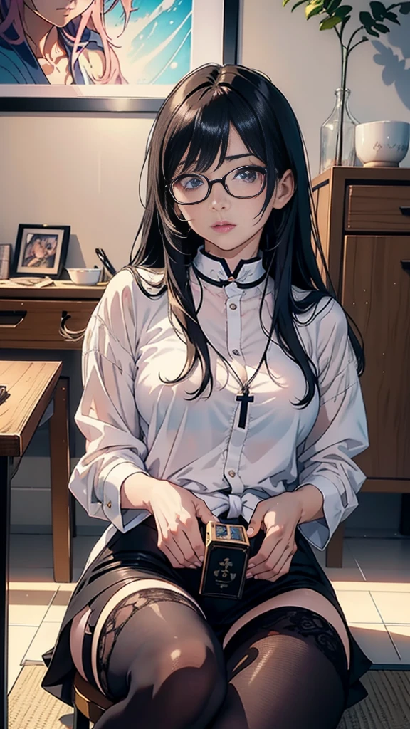 There is a woman sitting cross-legged on the floor., with glasses, with glasses on, japanese model, wore glasses, a surreal , with square glasses, no glasses, Real young gravure idol, Otaku-like appearance, wearing glasses, young sensual gravure idol, surreal , Yoshitomo Nara, Ilya Kubshinov with long hair, Realistic anime 3d style, realistic anime art style, realistic anime art style, Digital art Ilya Kubshinov, beautiful anime portrait, realistic young anime girl, Ilya Kubshinov style, anime realism style, portrait anime girl,shiny silver,Mole under left eye,Cute freckles on the cheeks,((beautiful skin)),((skin texture)),((Real Touch)),Impressive black stockings,