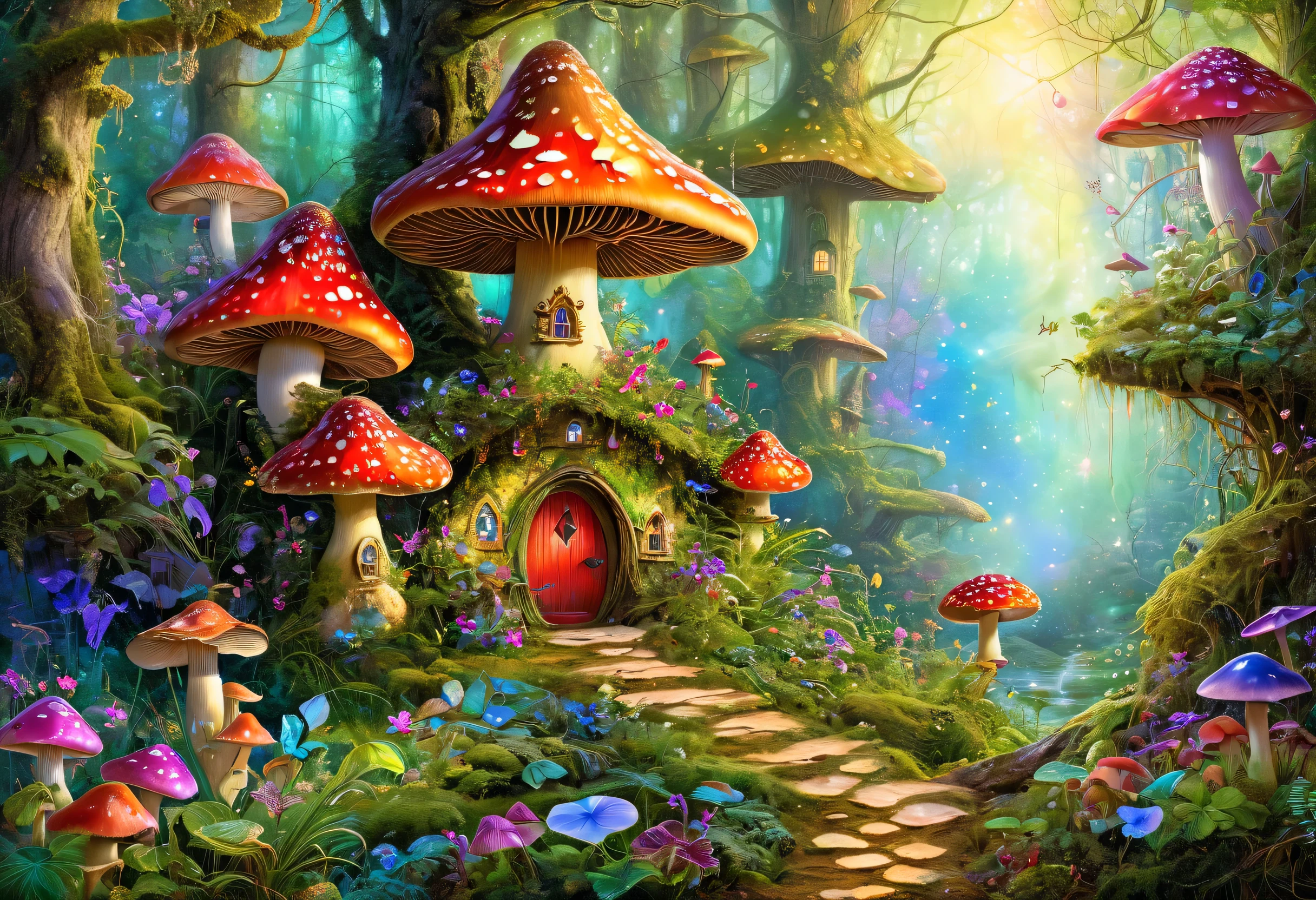 a painting of a fairy forest with mushrooms and fairy houses, Detailed painting inspired by Josephine Wall, CG social trends, fantasy art, magic fairy forest, enchanted magical fantasy forest, magical fantasy forest, Magic fairy background, fairyland forest, fairy forest, A pleasant and enchanting scene, lush fairy forest, so magical and dreamy, Magical forest background, Fairey Palace