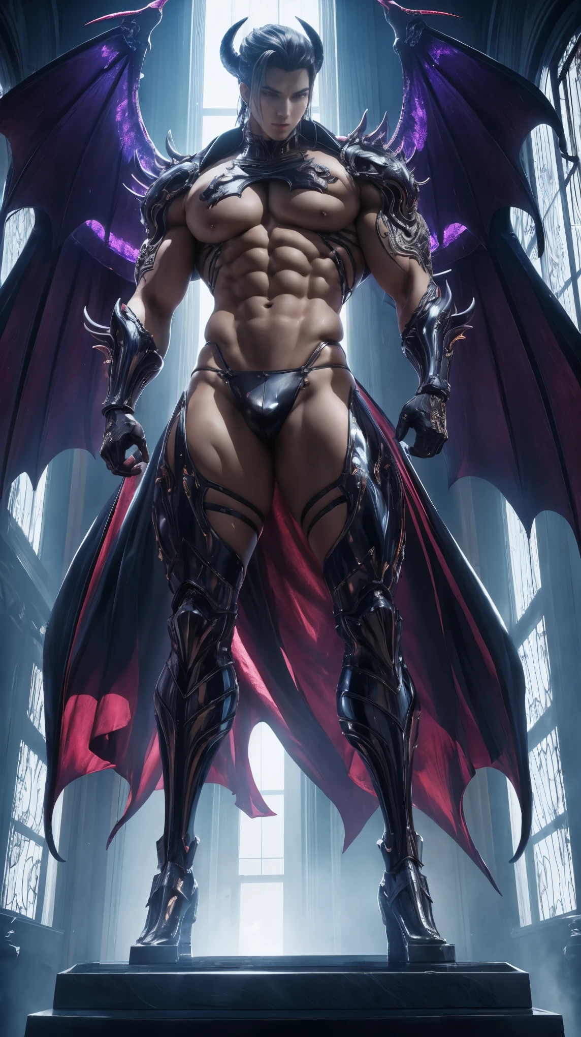Statue design, Figure, GK model, Full body character, Beautiful demon, super , demon,  for, Stroking , Wings, beautiful, Exposing muscles, base, Wu Yifan, Beautiful cybernetic boy looking at the camera lingerie, masterpiece  detailed muscle reality ,muscular