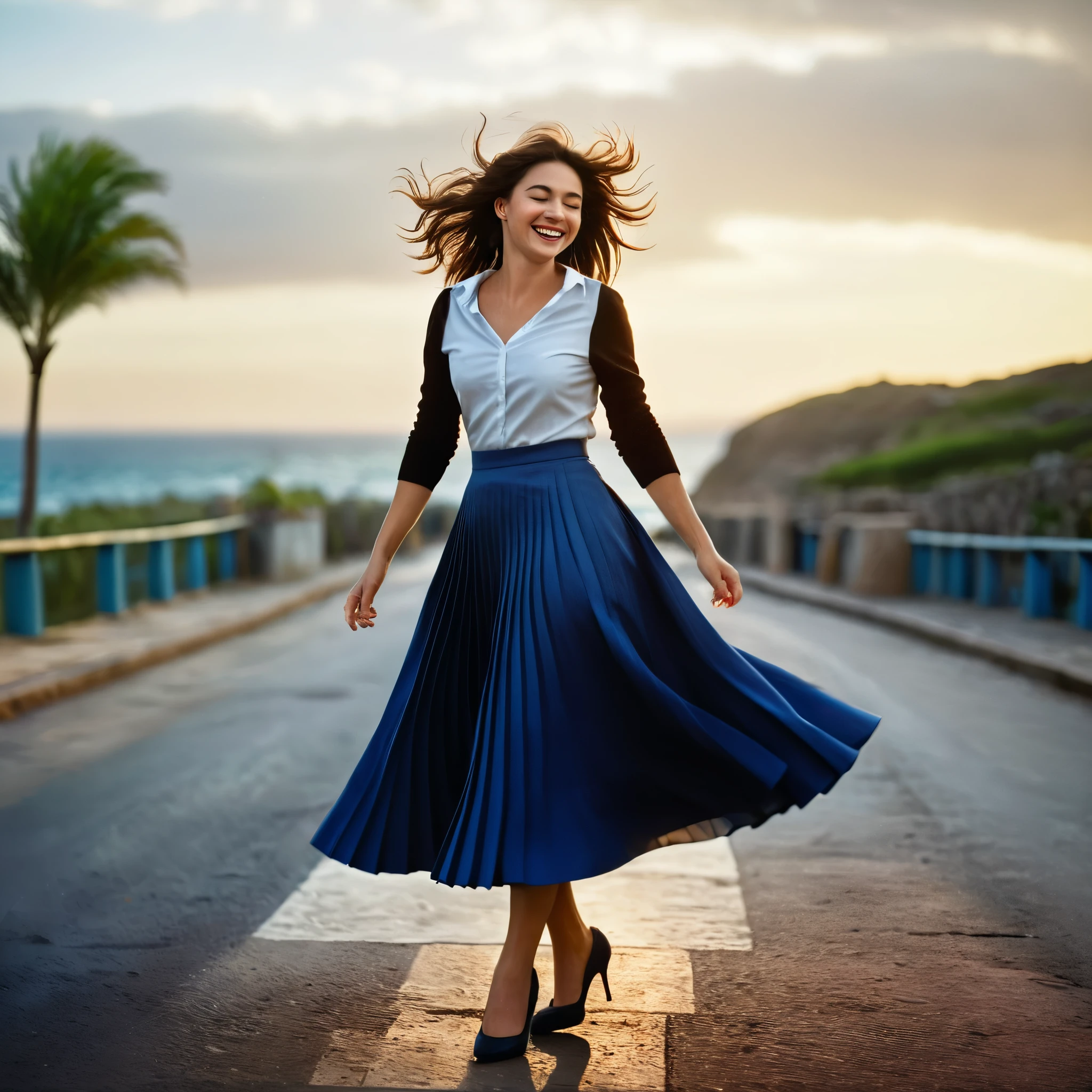 (authentic:1,1) (shy:0,9) (smiling:0,4) woman passionately in love with her skirt, wearing (long (pleated) full circle skirt) and (low heeled office shoes), very intricate hyper-detailed symmetric (attractive graceful feminine face) with (sad, tired eyes and shy smile), large breasts, full of empathy and compassion and love, (pronounced (feminine) features), (highly detailed ultra accurate realistic) hands and fingers, (windy conditions and wind blowing), epic composition, highly detailed attributes, extremely high quality RAW photograph, true romantic love, high-angle shot, cinematic shot, dynamic lighting, 75mm, Technicolor, Panavision, cinemascope, sharp focus, fine details, 8k, HDR, realism, realistic, key visual, film still, superb cinematic color grading, depth of field