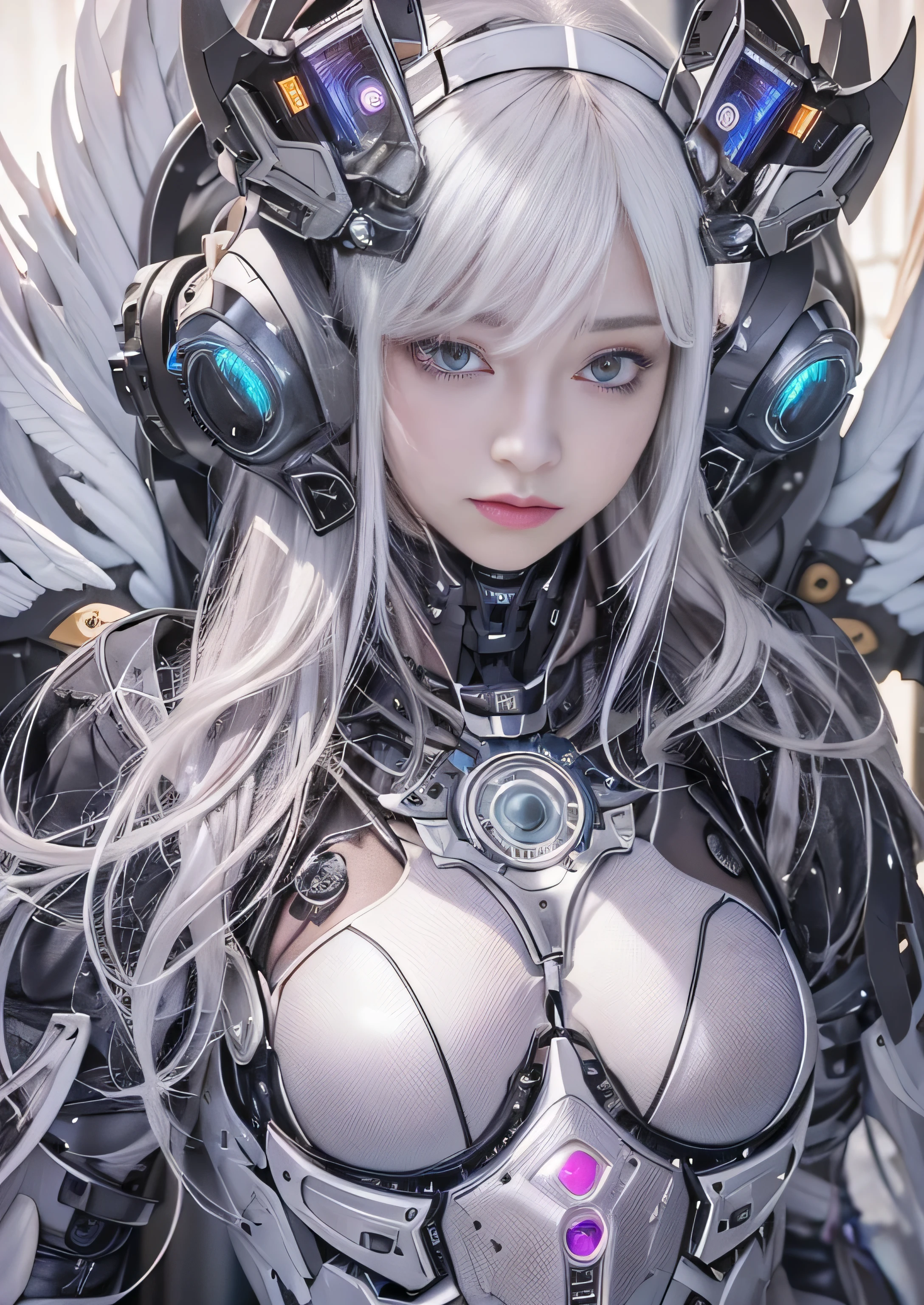 highest quality、master piece、超A high resolution、(Photoreal:1.4)、Raw photo、Combat Robot Angel、Large metal wings、white porcelain body、Acrylic transparent cover、white hair、glowing skin、1 cyborg girl、((Ultra realistic details))、porate、global illumination、Black Shadow、octane rendering、8K、super sharp、character edge light,Huge 、Raw skin exposed in cleavage、intricate decorative details、Gothic Lolita details、hydraulic cylinder、Small LED Light、very intricate details、realistic light、purple eyes、shining eyes、towards the camera、neon light details、cowboy shot、futuristic headgear、About the Floor Plan《cyberpunk characters》、、