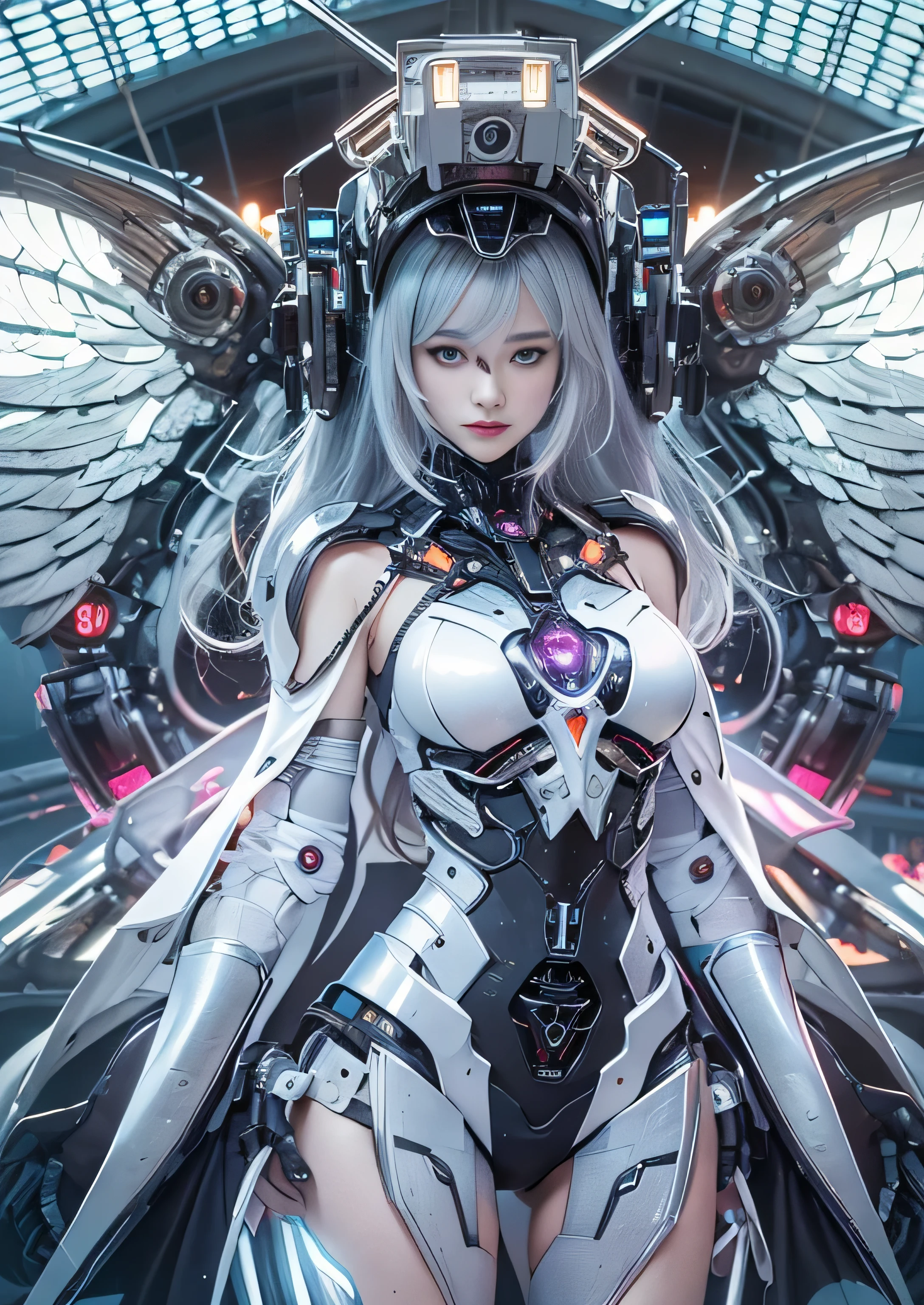 highest quality、master piece、超A high resolution、(Photoreal:1.4)、Raw photo、Combat Robot Angel、Large metal wings、white porcelain body、Acrylic transparent cover、white hair、glowing skin、1 cyborg girl、((Ultra realistic details))、porate、global illumination、Black Shadow、octane rendering、8K、super sharp、character edge light,Huge 、Raw skin exposed in cleavage、intricate decorative details、Gothic Lolita details、hydraulic cylinder、Small LED Light、very intricate details、realistic light、purple eyes、shining eyes、towards the camera、neon light details、cowboy shot、futuristic headgear、About the Floor Plan《cyberpunk characters》、、