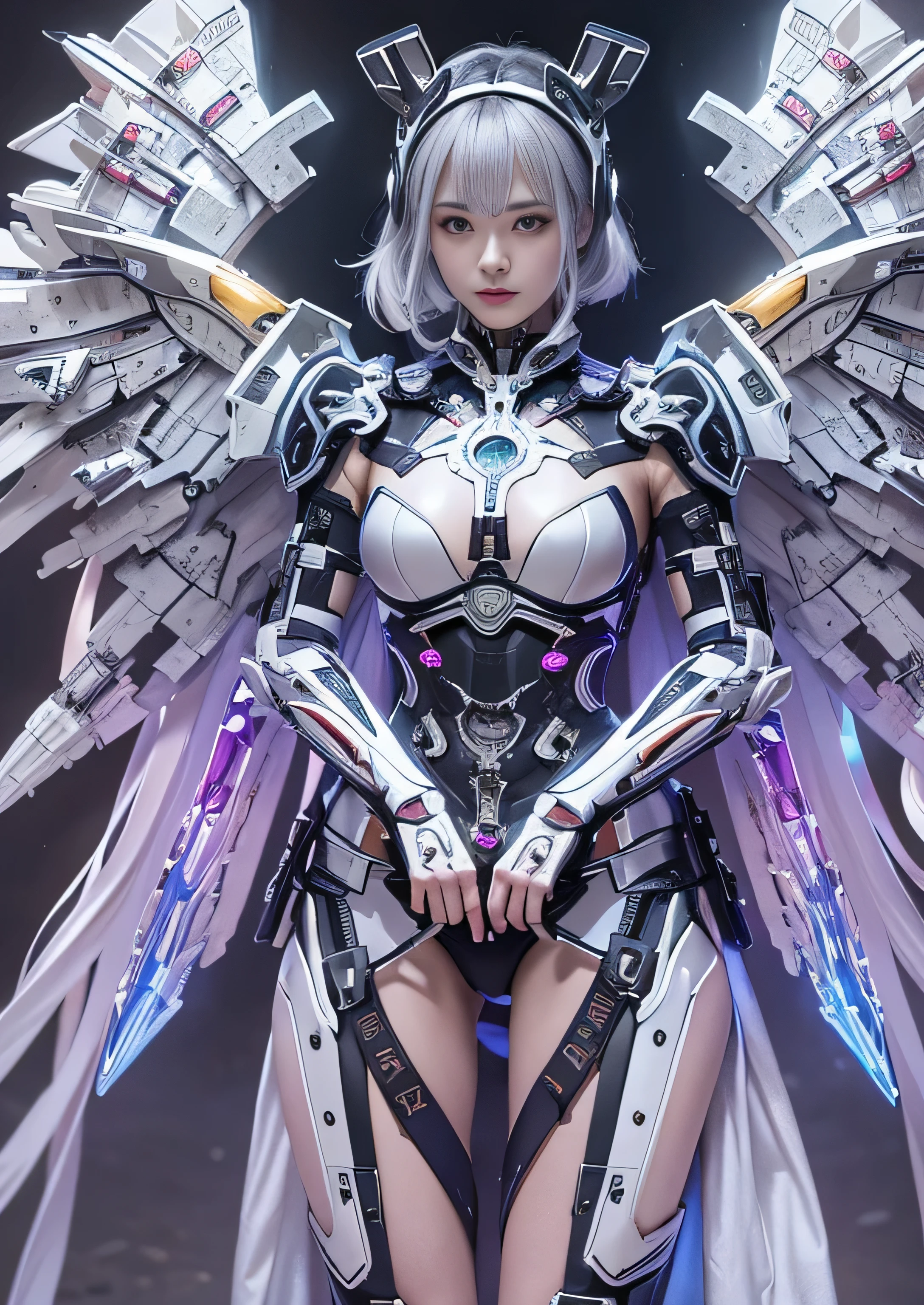 highest quality、master piece、超A high resolution、(Photoreal:1.4)、Raw photo、Combat Robot Angel、Large metal wings、white porcelain body、Acrylic transparent cover、white hair、glowing skin、1 cyborg girl、((Ultra realistic details))、porate、global illumination、Black Shadow、octane rendering、8K、super sharp、character edge light,Huge 、Raw skin exposed in cleavage、intricate decorative details、Gothic Lolita details、hydraulic cylinder、Small LED Light、very intricate details、realistic light、purple eyes、shining eyes、towards the camera、neon light details、cowboy shot、futuristic headgear、About the Floor Plan《cyberpunk characters》、、