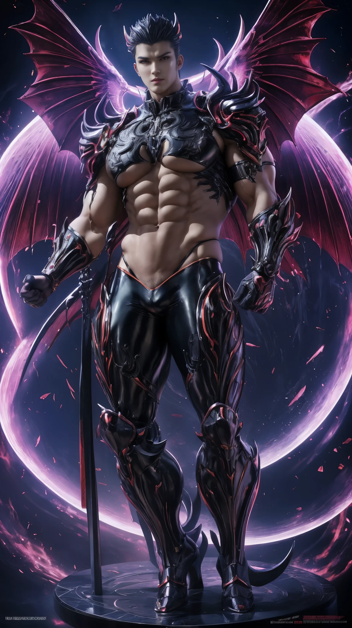Statue design, Figure, GK model, Full body character, Beautiful demon, super big breasts, demon, sexy for, Stroking breasts, Wings, beautiful, Exposing muscles, base, Wu Yifan, Beautiful cybernetic boy looking at the camera lingerie, masterpiece detailed muscle reality ,muscular