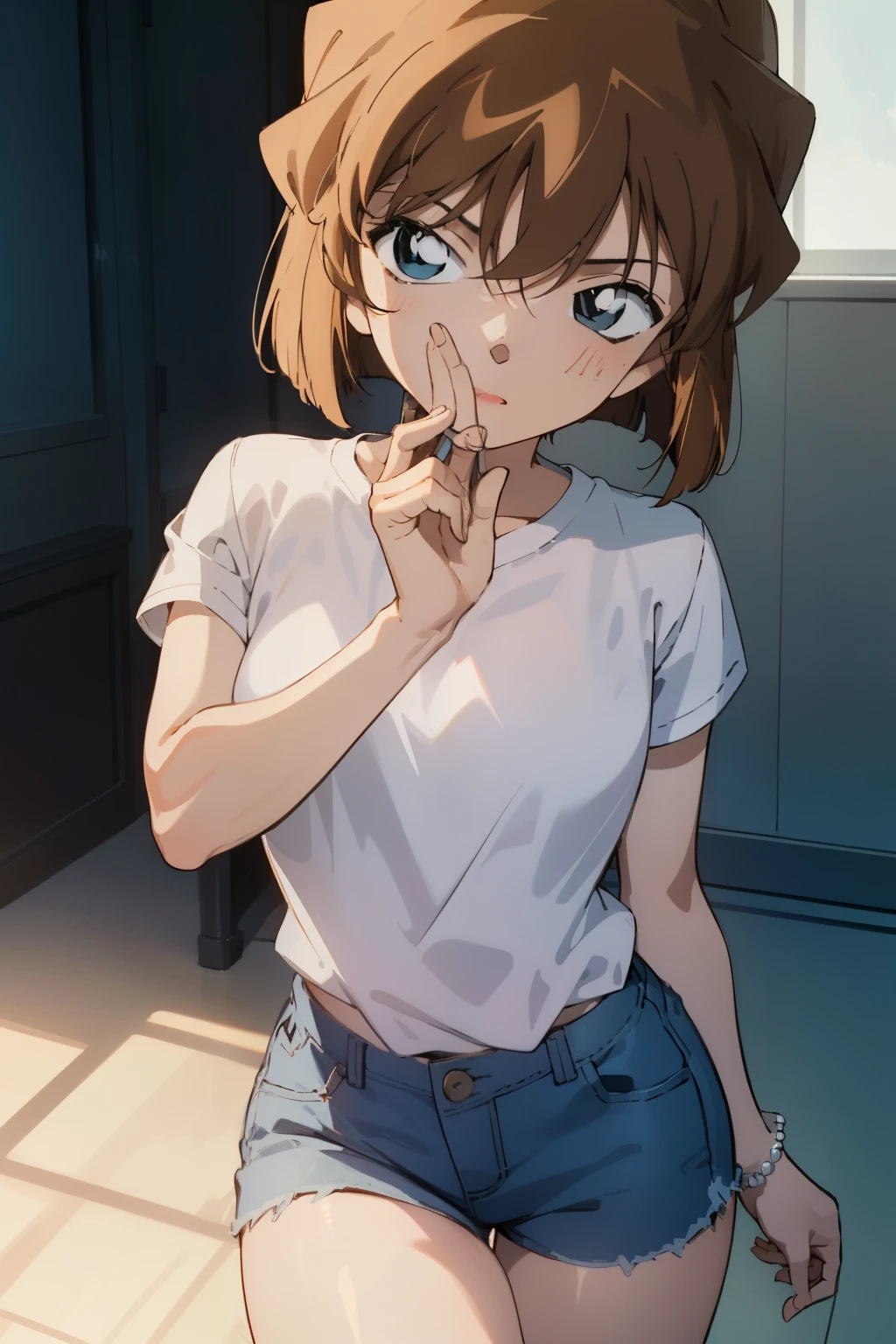 1girl,10years old,Haibara ai ,Detective Conan, short hair,white shirt,denim skirt,white lace panties,masterpiece ,8k unity wallpaper,anime key visual,highest quality, High resolution, unity 8k wallpaper, (shape:0.8), highly detailed face,highly detailed eye,glowing eyes , shiny skin,fine skin,white skin,dense skin,detailed hair,highly detailed legs,perfect lighting, Detailed CG, (perfect hands, perfect anatomy),High resolution,(Detailed wear ),slender limbs, delicate curves, dainty hands,figure:0.8,