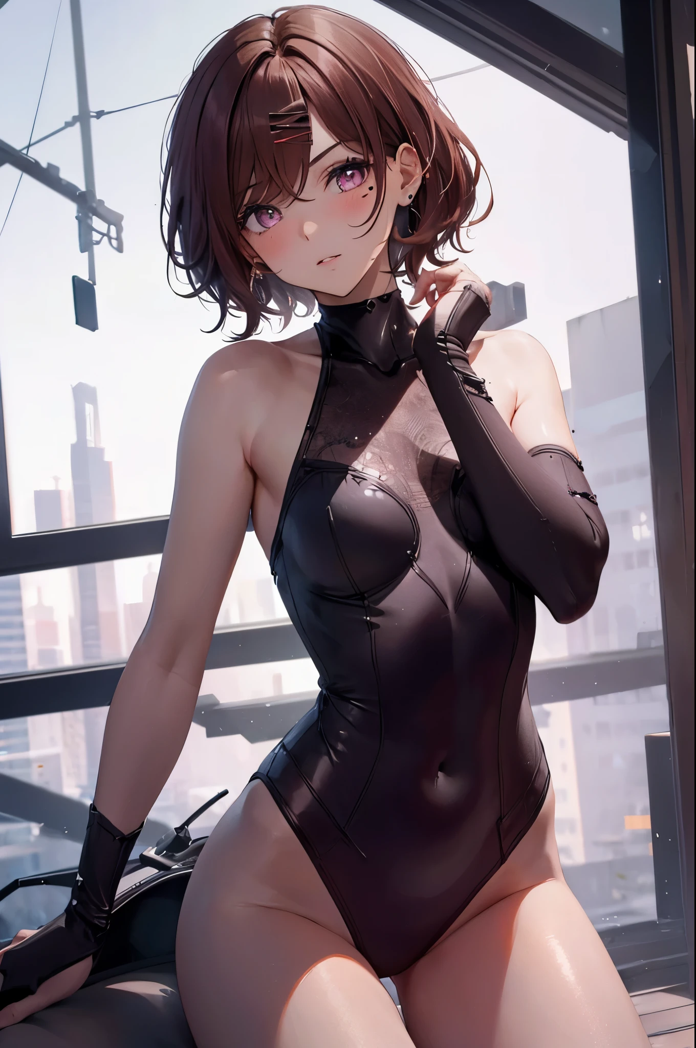(Perfect anatomy without destruction:1.3),(Accurate and detailed beautiful eyes,lustrous eyes),((highest quality, 16k, masterpiece: 1.3)), beauty, 1 girl, big: 1.2, thin abs: 1.1, (crawl on all fours:1.3), (kneel down:1.3), (super detailed face, highly detailed lips, fine eyes, double eyelid), short hair, Pause, Maroon camisole,Maroon shorts、 white bed, camera's line of sight, sweating, Funny, sleepy look, from below, (1girl:1.3),(Perfect hands:1.3),(Perfect Anatomy:1.3), (master piece:1.3),(best quality:1.3), detailed,8k ②th:high resolution,beautiful detailed eyes, cute eyes, sparkling pupils, Intricate Iris Details, Captivating Eye Reflections, Sparkling Highlights in the Eyes, Depth and Dimension in the Pupils, Subtle Color Variations in the Iris, Meticulous Eyelash Details, detailed eyes, ③Lighting:Best Illumination, Part ④⑤: ultra-detailed face,detailed skin, ⑥Body shape:(slender body type:1.3), Seven heads, small head, ⑦Skin: ⑧Expression:(blush:1.1), looking back, waiting for a kiss, ⑨Style: BREAK 10. Subject:aamadoka,(mole under eye:0.8),short hair,bangs,hairclip, short hair、bangs、Hair clip ⑪Hair: shiny hair, floating hair, short hair, brown hair, mole under eye, mole, hair ornament, hairclip, BREAK ⑪髪: shiny hair, floating hair, short hair, brown hair, mole under eye, mole, hair ornament, hairclip, BREAK ⑫Environment: ⑬Composition: ⑭Costume : piercing, (wrinkles between eyebrows:1.3)、