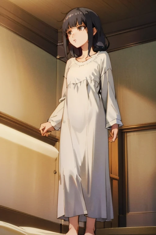 full body, 1girl, open mouth, detailed face, black hair, gloss hair, black eyes, highres, highly detailed face, Detailed eyes, bedroom, nightgown, reluctant expression, looking down, downtrodden, good proportions,
