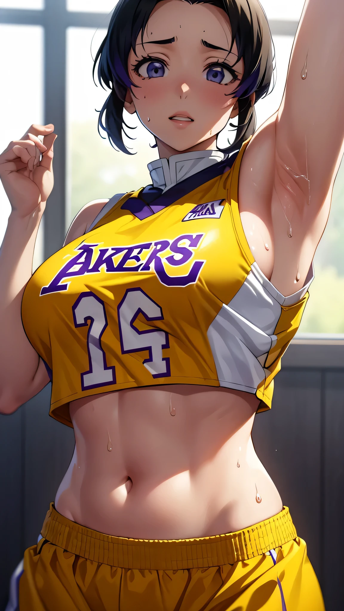 Close-up of a person wearing a basketball uniform, picture, Inspired by Kentaro Miura, Trending on pixiv, Shinobu Kocho, demon slayer, kimetsu no yaiba, Wearing a yellow NBA jersey, yellow Crop top nba jersey, wearing a low cut Crop top, wearing Crop top, Crop top, the words "Lakers" written on the Crop top, Golden Raito, (winking), Shirobako, big)}], Favorite scene, the tiny details. Anime. Skins, Sweating, Big breasts, He raised both hands, Armpits, Armpits visible, Dripping with sweat, More sweat, sweaty Armpits