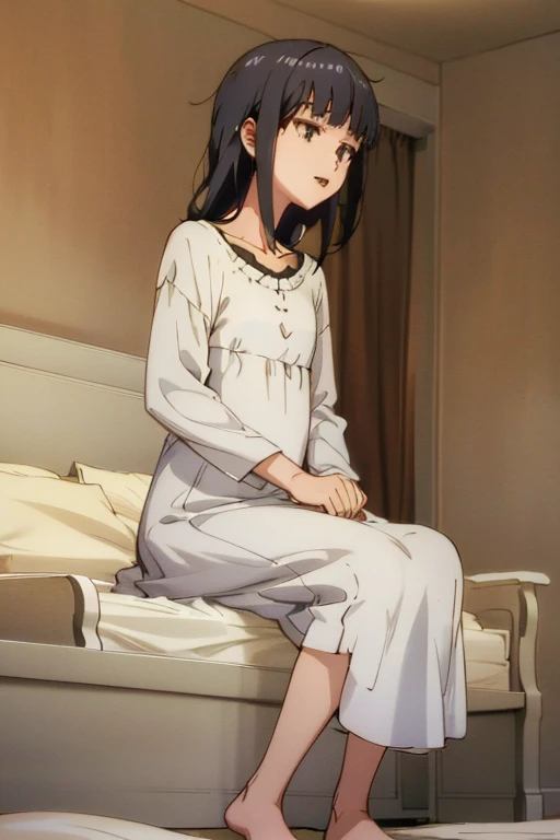 full body, 1girl, open mouth, detailed face, black hair, gloss hair, black eyes, highres, highly detailed face, Detailed eyes, bedroom, nightgown, reluctant expression, looking down, downtrodden, good proportions, sat down, on bed