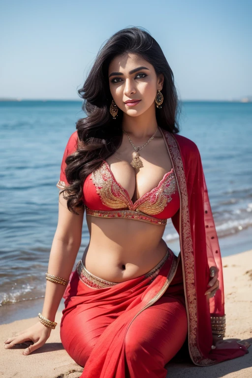 Portrait of A confident-looking indian princess from kamasutra with long flowing hair, Pooja Hegade as a woman , cleavage, hazel eyes, saree and fancy blouse, wearing designer blouse and saree, fancy blouse,  trending American blouse, walking , cleavage,  sitting in sea beach, sea background , perfect composition, hyperrealistic, super detailed, 8k, high quality, trending art, trending on artstation, sharp focus,  studio photo, highly detailed, full picture, toxic curvy figure ,