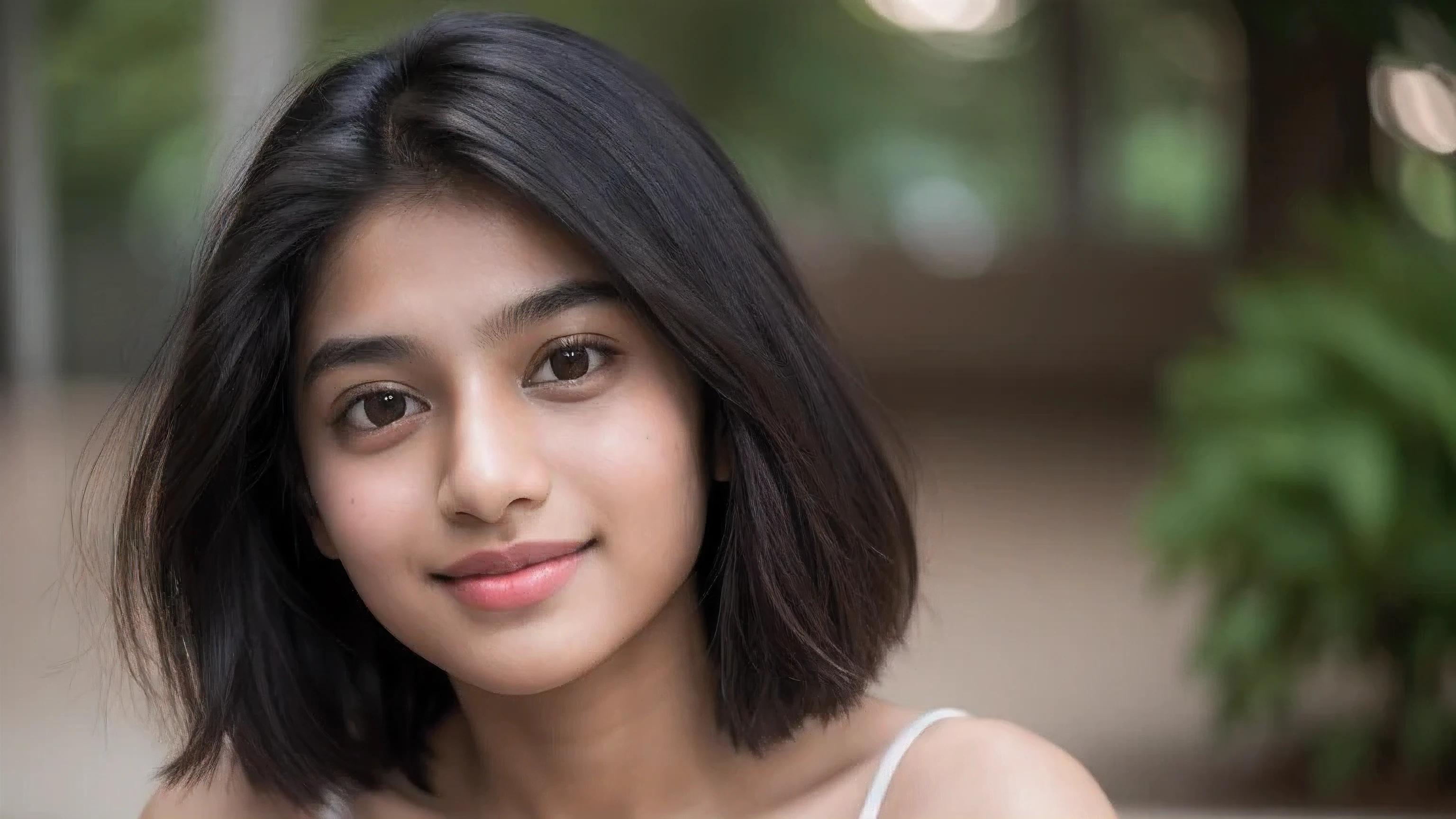 A photograph of Indian girl, bright smile, 14s,te face, short hairs ,beautiful, detailed face , full body , looking at camera, portrait, 8k uhd, high quality , Beautiful model