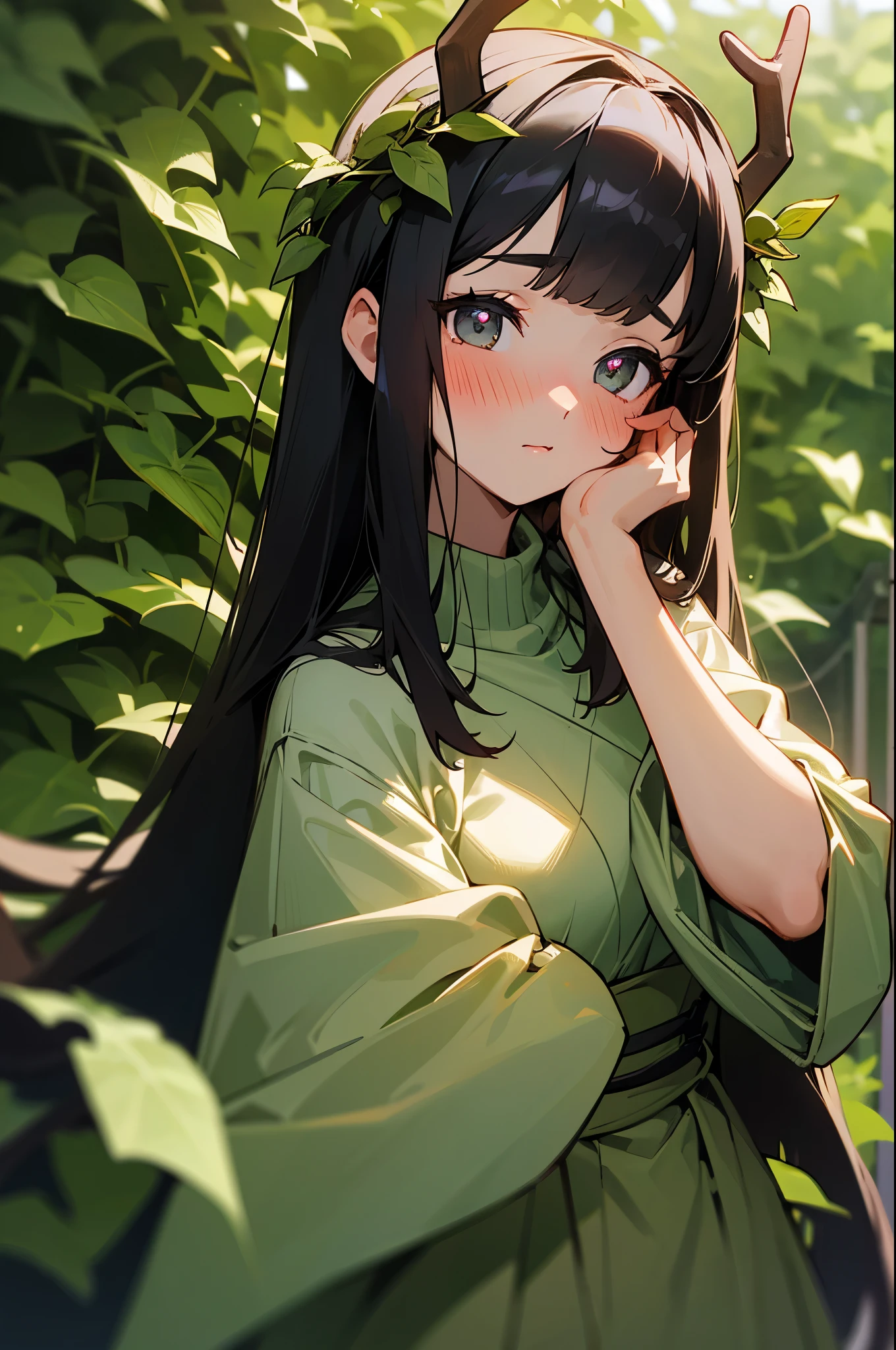 beautiful, masterpiece, best quality,alley, female, whtie oversized sweater,black hair, forrest, 1girl,solo,HEART-SHAPED PUPILS,full-face blush, ( blooming antlers),flowers,leaves,ivy,vines ,GREEN INCURSIODIPDYEDHAIR
