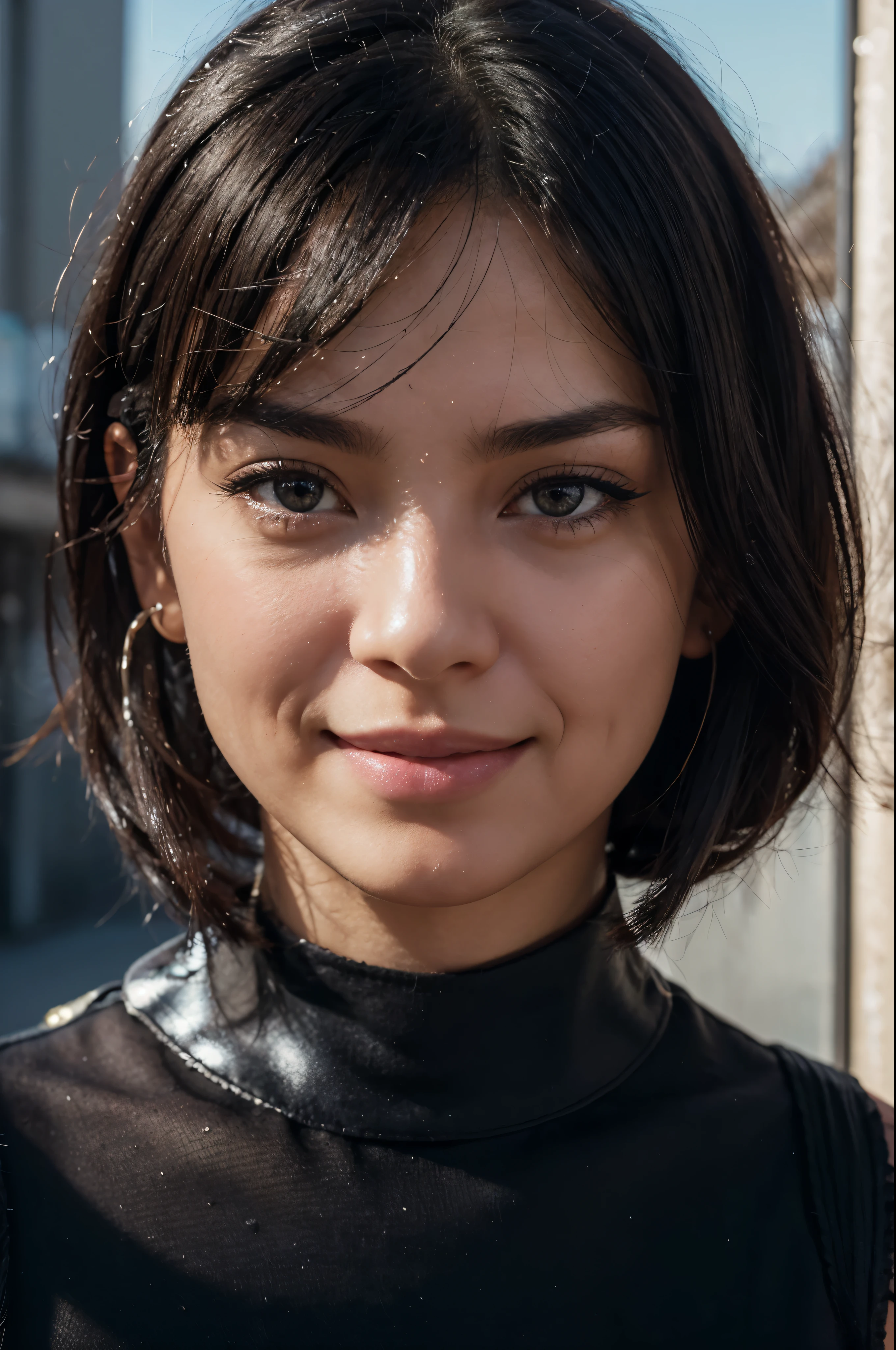 cabelo preto, bobbles de cabelo, estremecer, long eyelashes, solid circle eyes, sorriso leve, rubor de orelha, olhos loucos, Surrealismo, sombra projetada, anaglyph, estereograma, tachi-e, pov, atmospheric perspective, 8k, super detalhe, preciso, Melhor qualidade, preciso, Anatomicamente Correto, super detalhe, detalhes altos, alta qualidade, Melhor qualidade, high resolution, 8k