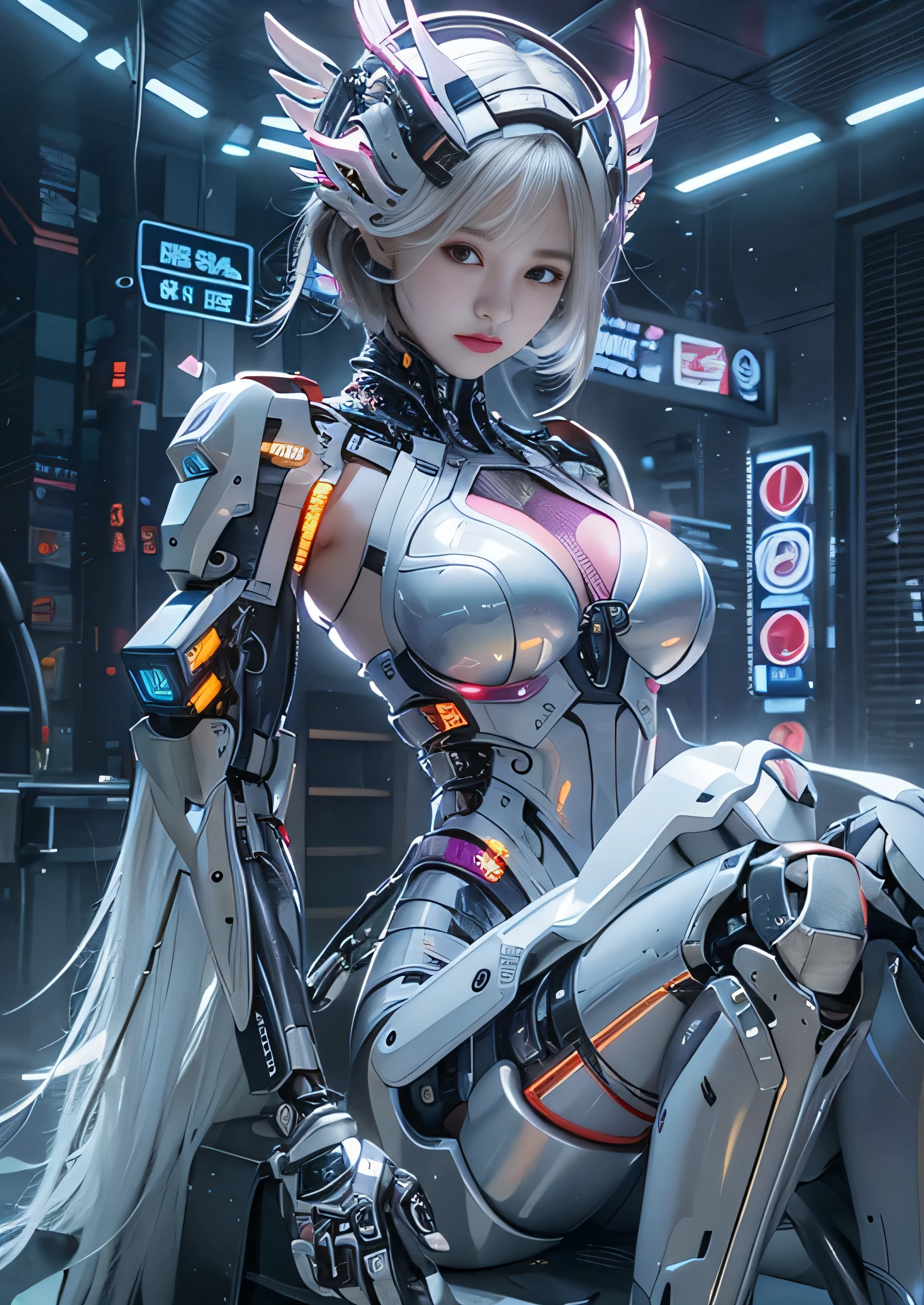 highest quality、master piece、超A high resolution、(Photoreal:1.4)、Raw photo、Combat Robot Angel、Large metal wings、white porcelain body、Acrylic transparent cover、white hair、glowing skin、1 cyborg girl、((Ultra realistic details))、porate、global illumination、Black Shadow、octane rendering、8K、super sharp、character edge light,Huge 、Raw skin exposed in cleavage、intricate decorative details、Gothic ta details、hydraulic cylinder、Small LED Light、very intricate details、realistic light、purple eyes、shining eyes、towards the camera、neon light details、cowboy shot、futuristic headgear、About the Floor Plan《cyberpunk characters》、、
