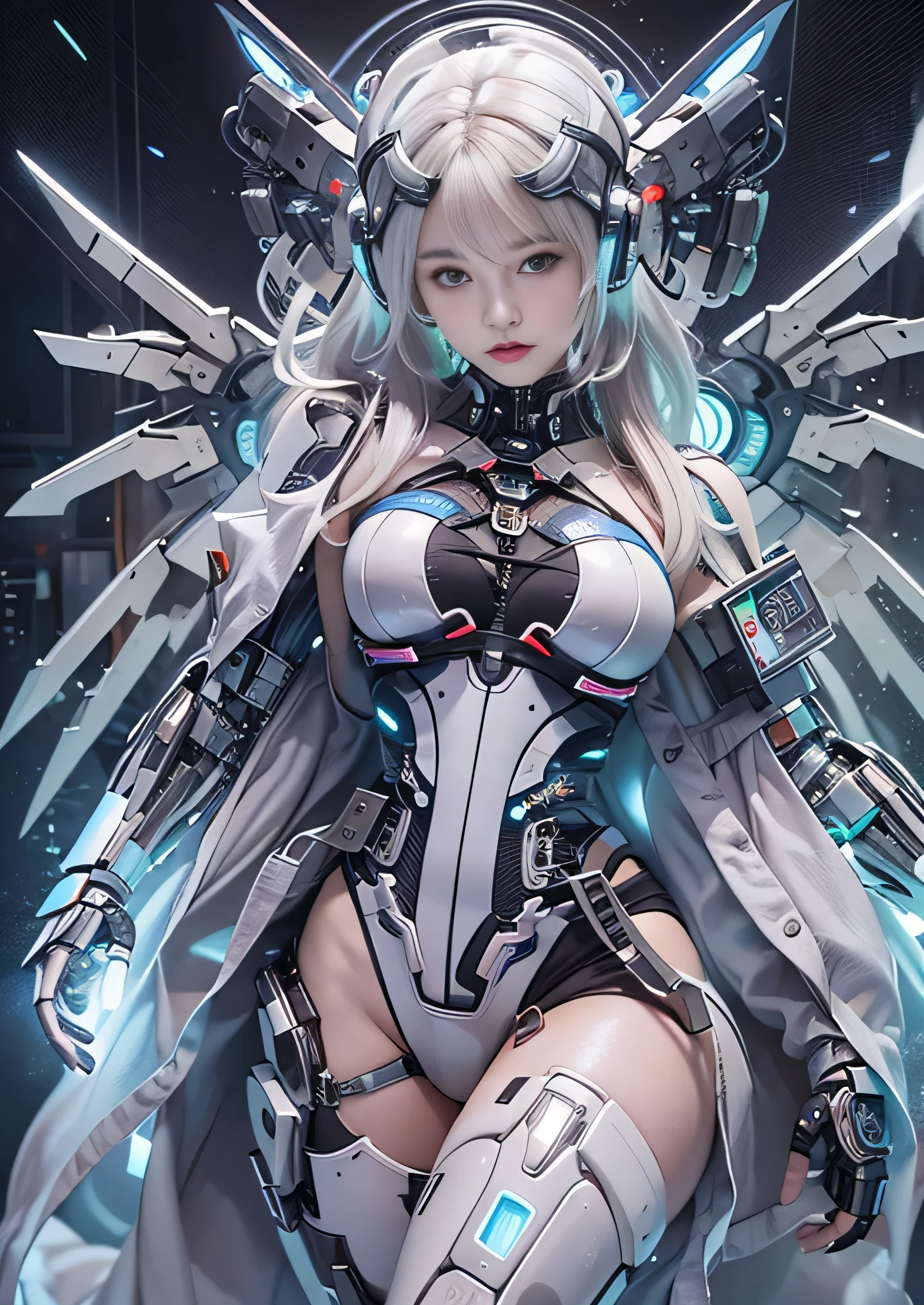 highest quality、master piece、超A high resolution、(Photoreal:1.4)、Raw photo、Combat Robot Angel、Large metal wings、white porcelain body、Acrylic transparent cover、white hair、glowing skin、1 cyborg girl、((Ultra realistic details))、porate、global illumination、Black Shadow、octane rendering、8K、super sharp、character edge light,Huge 、Raw skin exposed in cleavage、intricate decorative details、Gothic ta details、hydraulic cylinder、Small LED Light、very intricate details、realistic light、purple eyes、shining eyes、towards the camera、neon light details、cowboy shot、futuristic headgear、About the Floor Plan《cyberpunk characters》、、