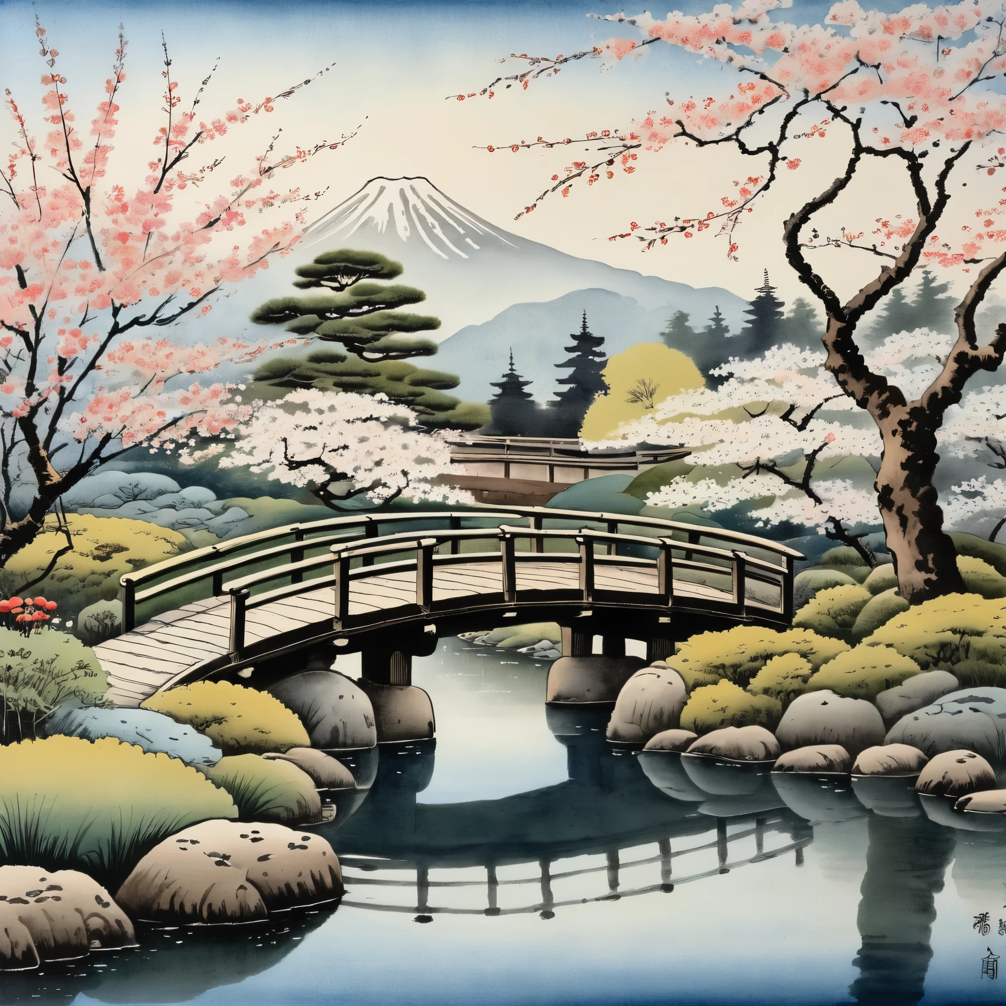 A tranquil Japanese garden in the style of Ukiyo-E, with delicate cherry blossoms and a wooden bridge over a koi pond, rendered in soft Japanese ink washes reminiscent of artist Hiroshige.