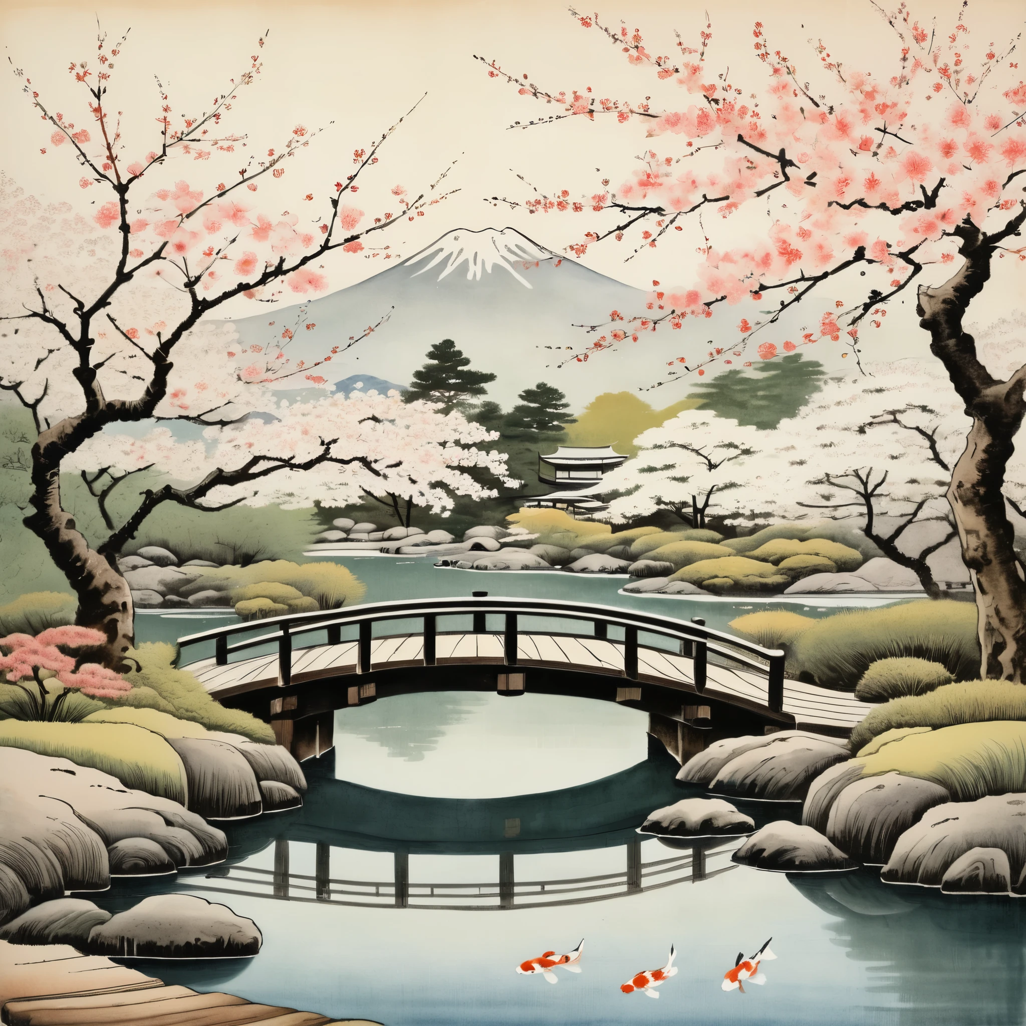 A tranquil Japanese garden in the style of Ukiyo-E, with delicate cherry blossoms and a wooden bridge over a koi pond, rendered in soft Japanese ink washes reminiscent of artist Hiroshige.