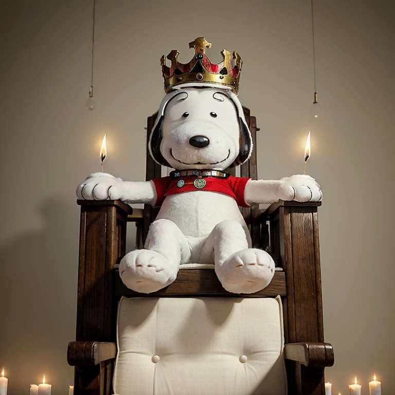 Create Snoopy as if he were king in his signature pose raising his hand on a throne with giant candles on one side