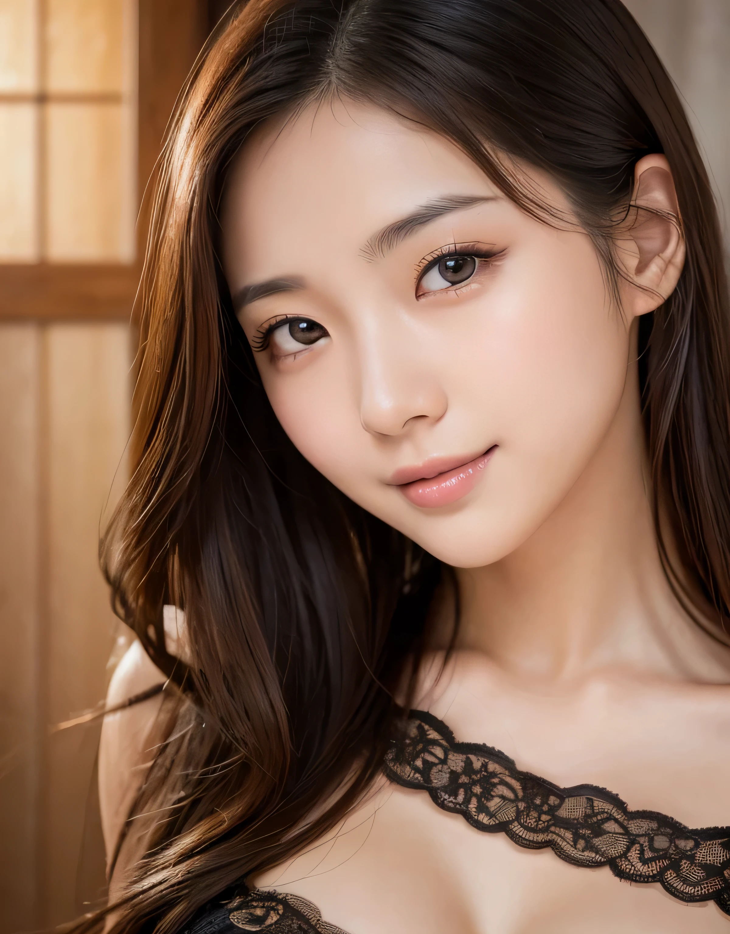 masterpiece,Depth of field,game cg,high-resolution, Best Quality, Illustration, Ultra-detailed, finely detail, uncensored,ultra-high-res,hyper-realistic,8K Wallpaper, Perfect dynamic composition, Beautiful detailed eyes,Medium Hair,natural color lip, Bold sexy poses,angelic-smile,indoor,cleavage-slit,18 years Japanese woman,Cute,Sexy shot looking at camera,close-up face,open-mouth,symmetrical,head-on,face-to-face,facing the front,from above,