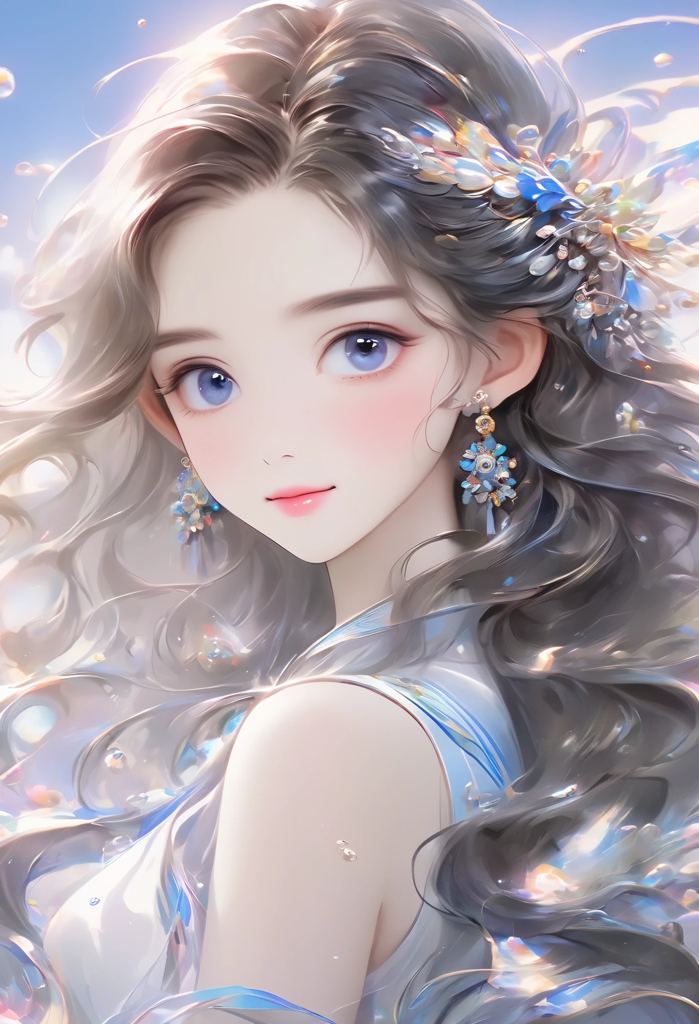 Chinese girl, Sweet and lovely girl, big eyes, illustrations, long hair, braids, fluffy hair, front, film angle, reflective hair, watery eyes, looking at you, facial details, facial focus, masterpiece, best quality, extremely delicate and beautiful, dynamic angle, complex details, beautiful and delicate eyes, delicate face, delicate and clear facial features, tender lips, real, lovely, focus, clear lines, 8k high-resolution, good-looking, smiling, wearing white dress, fashionable and beautiful, depth of field