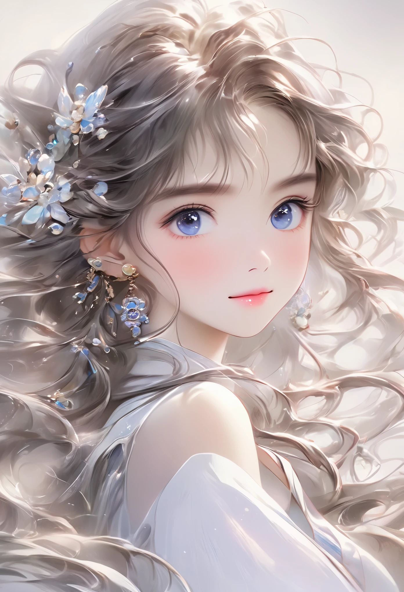 Chinese girl, Sweet and lovely girl, big eyes, illustrations, long hair, braids, fluffy hair, front, film angle, reflective hair, watery eyes, looking at you, facial details, facial focus, masterpiece, best quality, extremely delicate and beautiful, dynamic angle, complex details, beautiful and delicate eyes, delicate face, delicate and clear facial features, tender lips, real, lovely, focus, clear lines, 8k high-resolution, good-looking, smiling, wearing white dress, fashionable and beautiful, depth of field