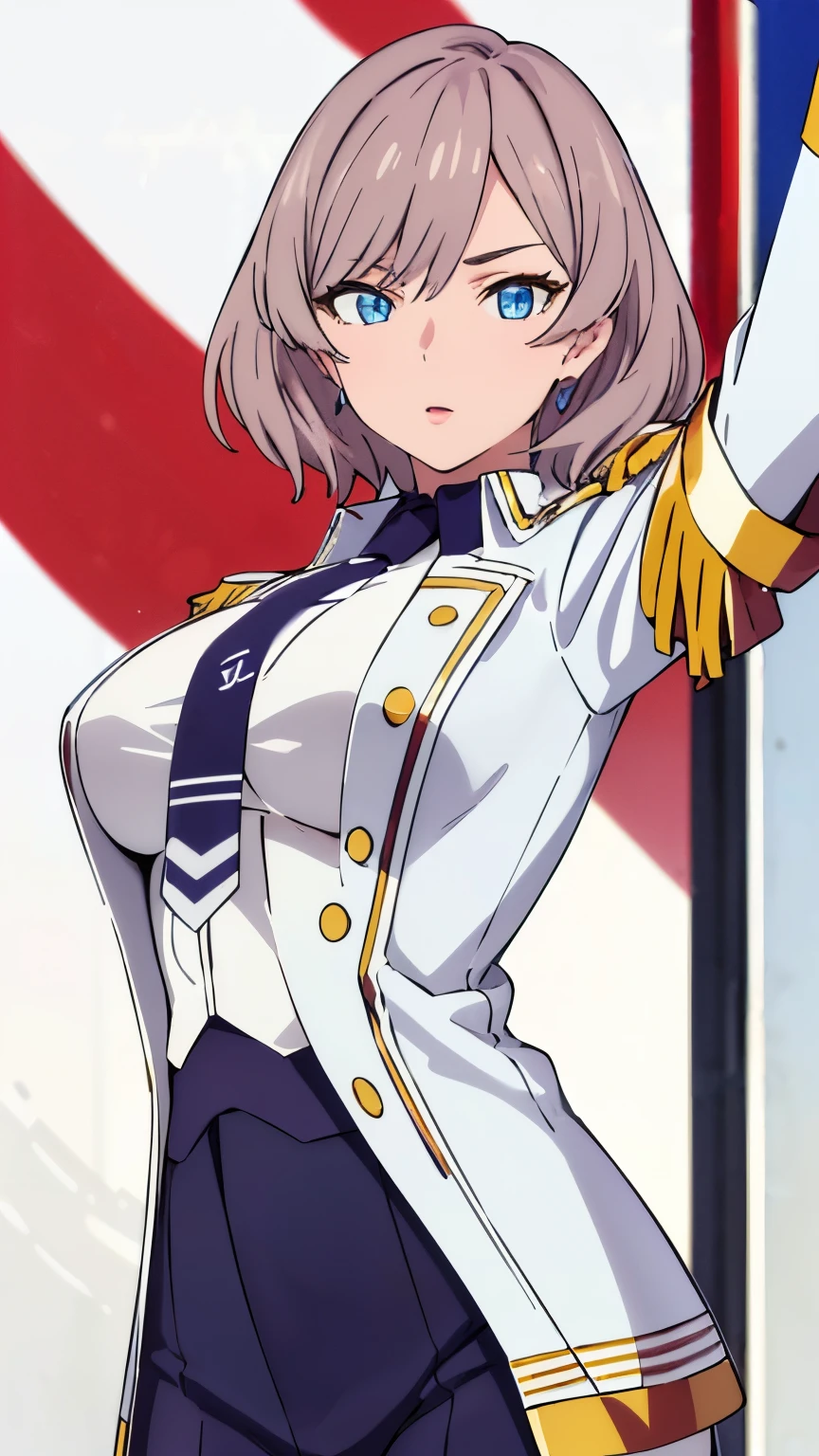 masterpiece, highest quality, High resolution,mujina,,1 girl, blue eyes,(Jacket, epaulettes, tie),stylish pose,looking at the viewer,in the center of the image, (lively_color:1.2) (beautiful_large medium breasts:1.3), (beautiful_face:1.4),(slim_waist),
