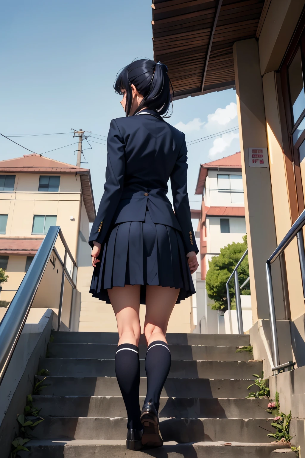 ((highest quality)), ((masterpiece)), (be familiar with), High school girl climbing stairs、On the way to school、I'm a little worried about what's behind me、glaring at、navy blazer、Navy Skirt、navy blue socks、(back view)、hidden camera photos、covert photography、(View from directly below)、navy blue socksのクローズアップ、mangaコマ割り、cartoon style、manga、station stairs、Everybody line up on the left、(顔のみのコマとback viewのコマ)