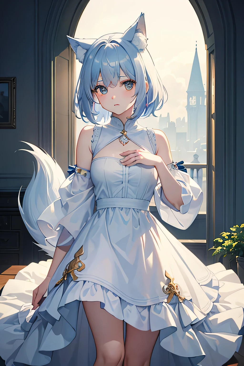 masterpiece, best quality, wide-angle, Hyperdetailed, masterpiece, best quality, 8k, natural lighting, soft lighting, sunlight, HDR (High Dynamic Range), Maximum Clarity And Sharpness, Multi-Layered Textures, colorful, 1girl, sole girl, beautiful anime girl, full_body, (wolf_ears, short_hair, light_blue_hair, white_eyes, tunic dress), standing, fantasy background