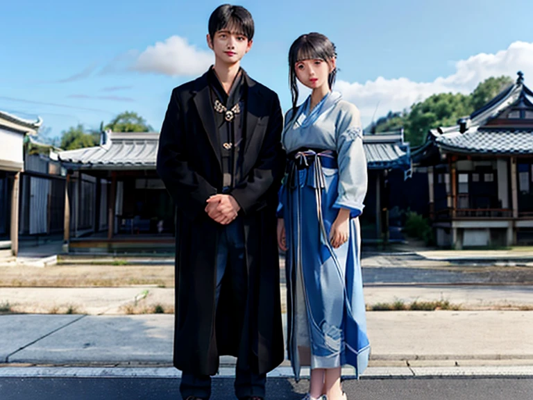 One dragon,A young, intelligent and kind boy 1 and a young-looking girl 1,black hair,Deification,Blue sky,Three heartwarming figures,Japanese clothing