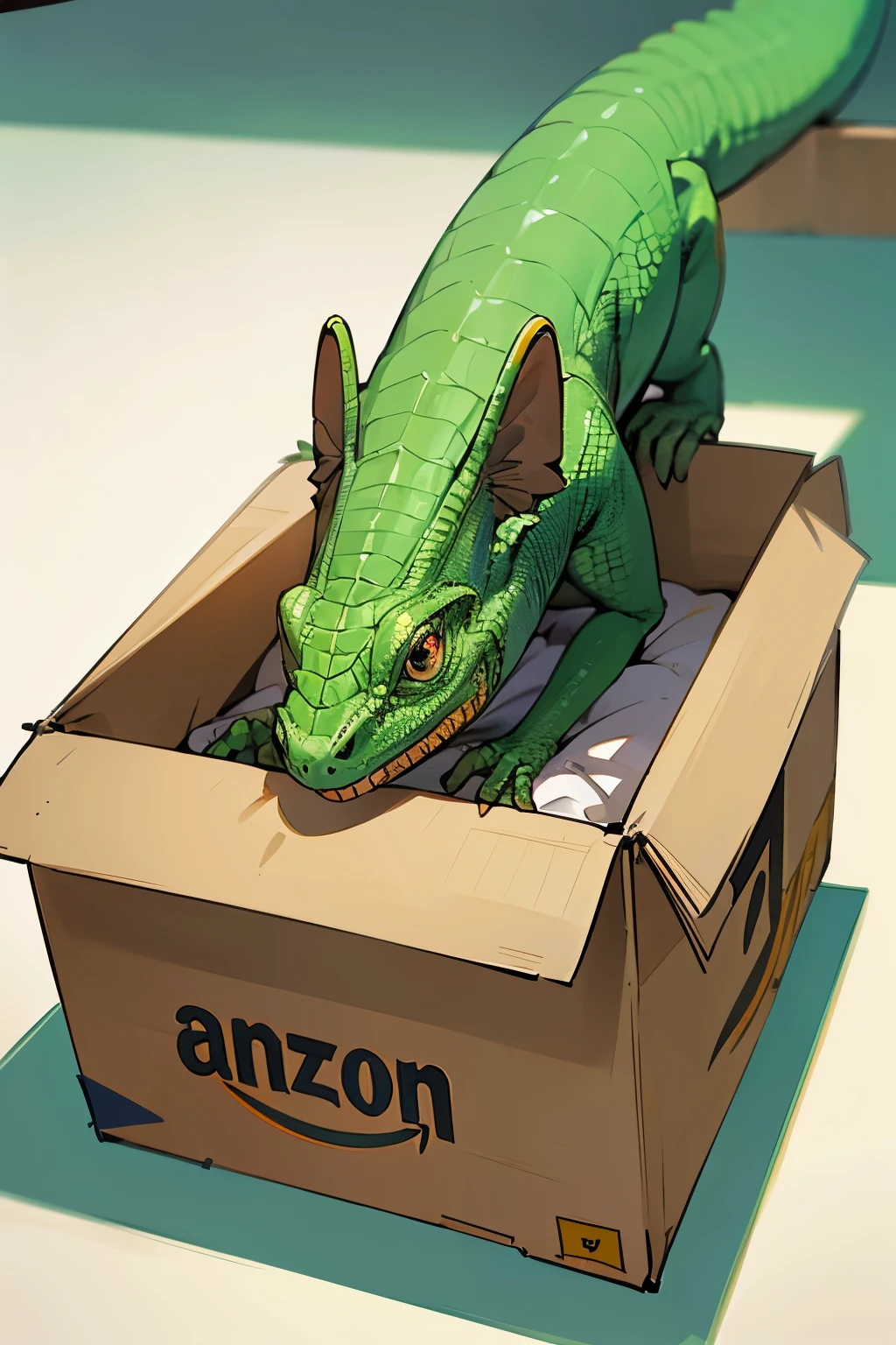 LIZARD sosteniendo una caja Amazon 