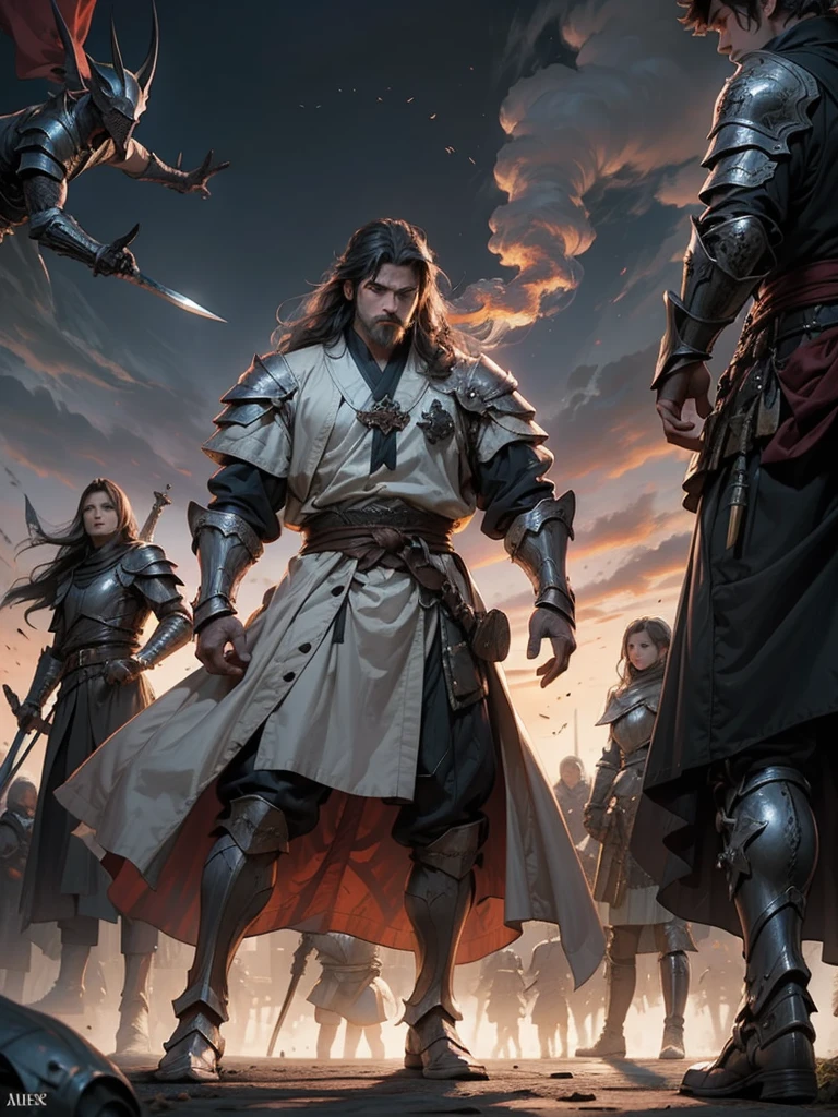 Medieval Europe,Male Knight,, Burly man, full body armors, Batik long shirt, white robe, Use a dagger, heroic, battlefield , dramatic sunset, smokes, Battle Siege, full body view,stand up