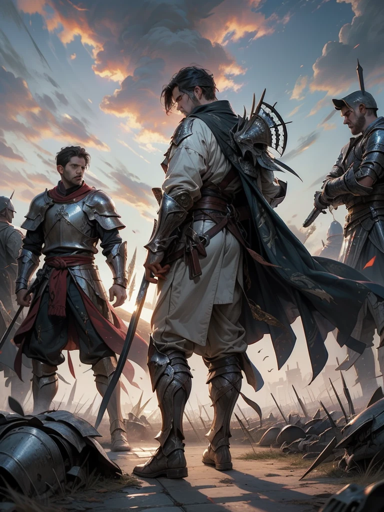 Medieval Europe,Male Knight,, Burly man, full body armors, Batik long shirt, white robe, Use a dagger, heroic, battlefield , dramatic sunset, smokes, Battle Siege, full body view,stand up