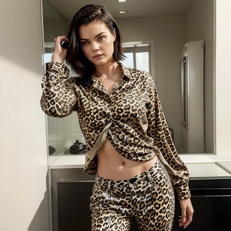 Jaimie Alexander dressed in leopard shirt with pants