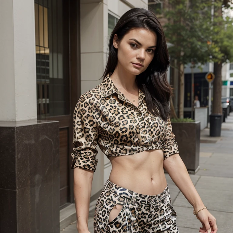 Jaimie Alexander dressed in leopard shirt with pants
