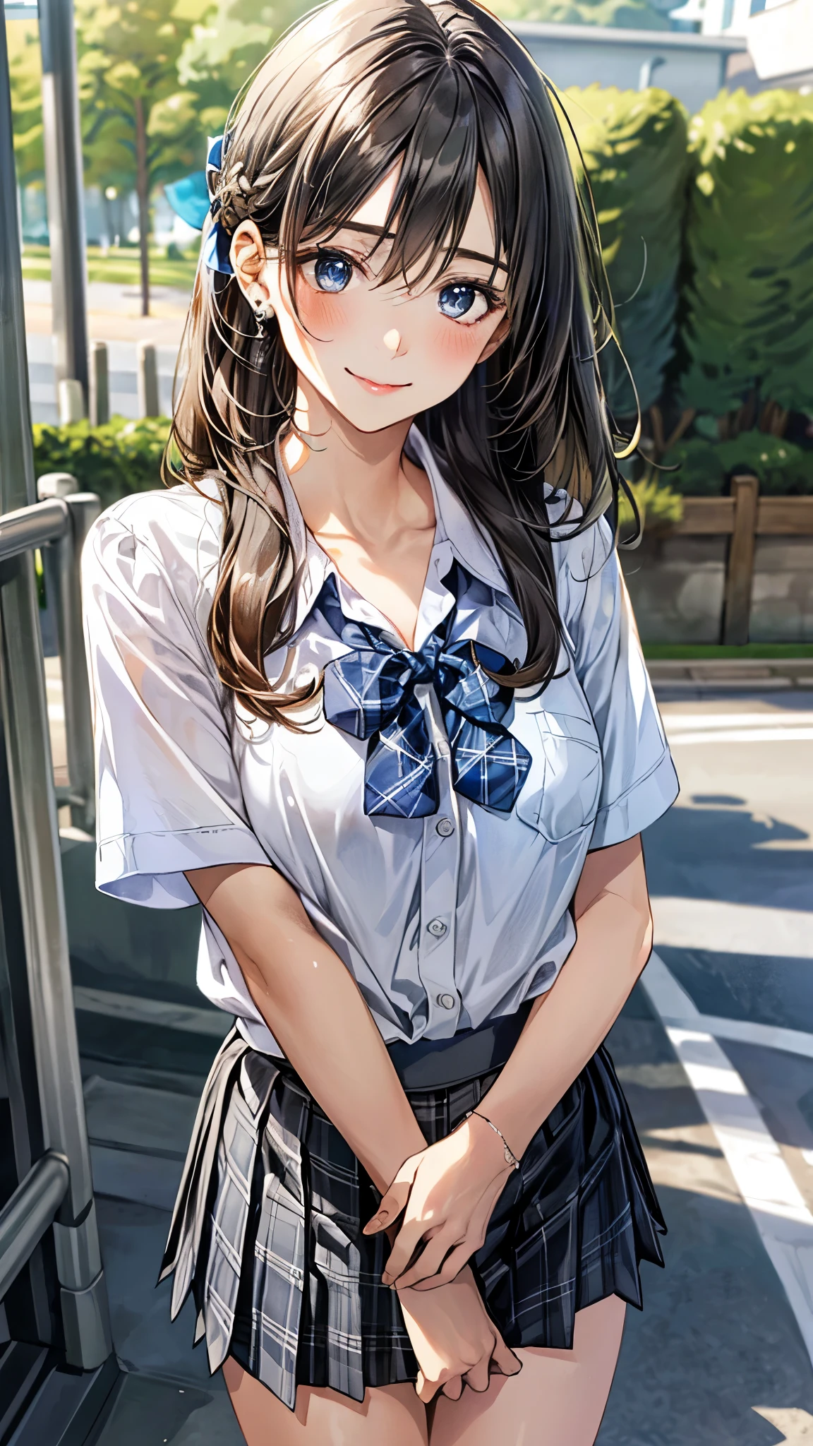 (masterpiece:1.2, top-quality), (realistic, photorealistic:1.4), beautiful illustration, (natural side lighting, movie lighting), 
looking at viewer, full body, front view:0.6, 1 girl, japanese, high school girl, perfect face, cute and symmetrical face, shiny hair, shiny skin, 
(long hair:1.5, (straight hair. updo hairstyle), blow dry hair), bangs, hair between eyes, blue eyes, long eye lasher, (middle breasts), 
beautiful hair, beautiful face, beautiful detailed eyes, beautiful clavicle, beautiful body, beautiful chest, beautiful thigh, beautiful legs, beautiful fingers, 
((short sleeve collared white shirt, gray plaid pleated skirt, blue plaid bow tie)), 
(beautiful scenery), morning, school gate, walking, (hands on chest, lift up skirt, grab the hem of the skirt), (lovely smile, upper u), 