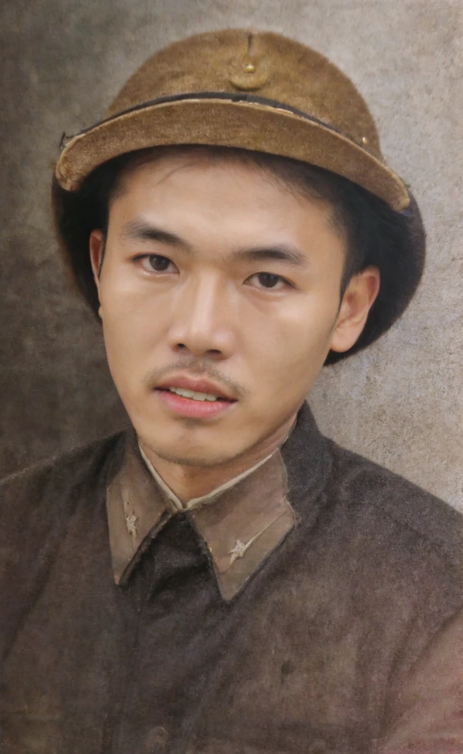 Raw photo,Masterpiece, high quality, best quality, authentic, super detail, pictue color, black hair, Vietnamese men, beautiful men, Vietnamese soldiers, soldiers, blue shirts, green hats, portrait photos in the 1980s, 1980s, black eyes, sharp eyebrows, smooth, pink skin, clear hair, realistic image,