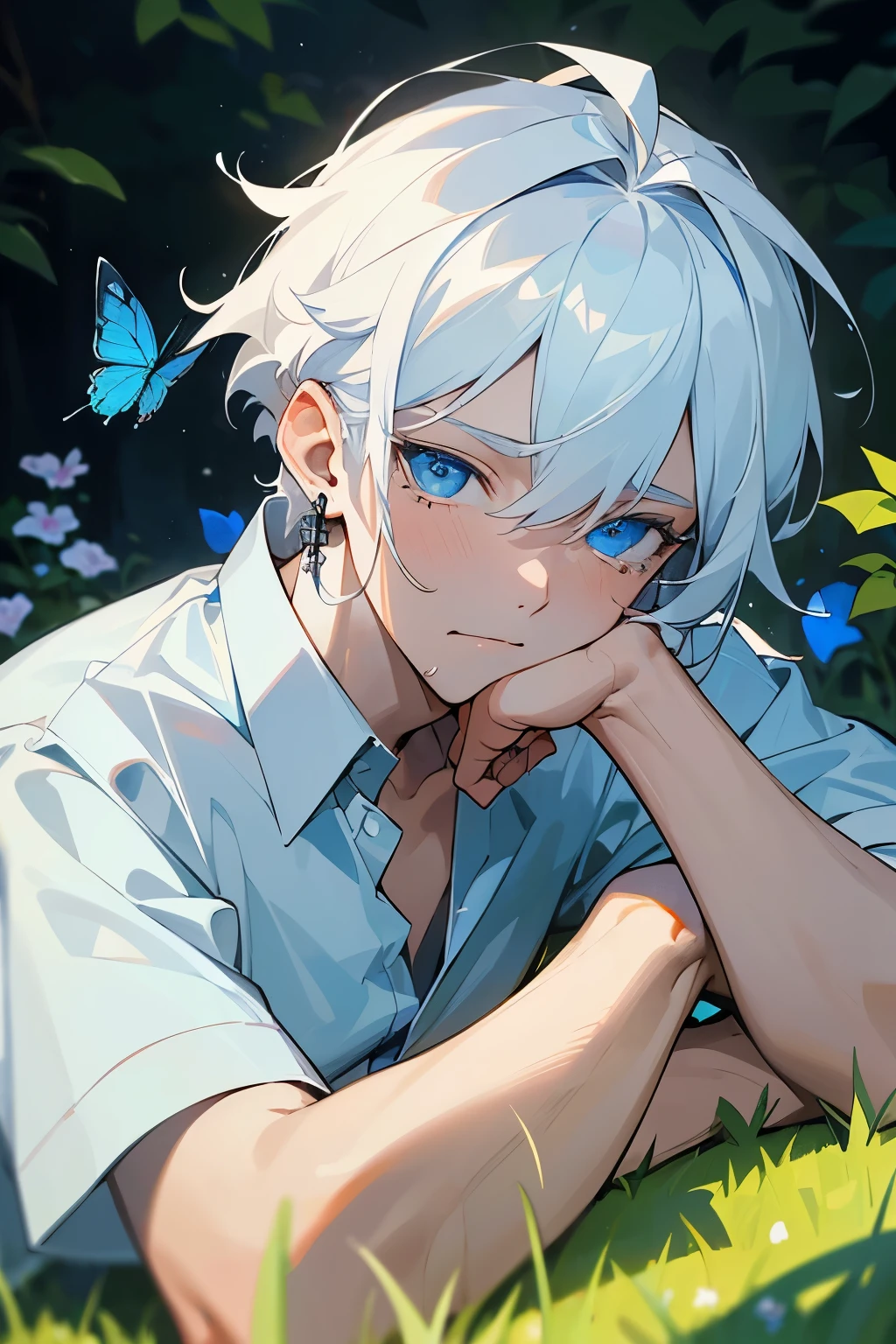 Excellent, masterpiece, white hair, blue eyes, hair, fair skin, man face with sharp angles in the garden park male bust shot lying on his side on the park grass with tears on his face a blue butterfly on his nose, clear despair in his eyes, white shirt, he is leaning onto his arm, he has black cross earrings