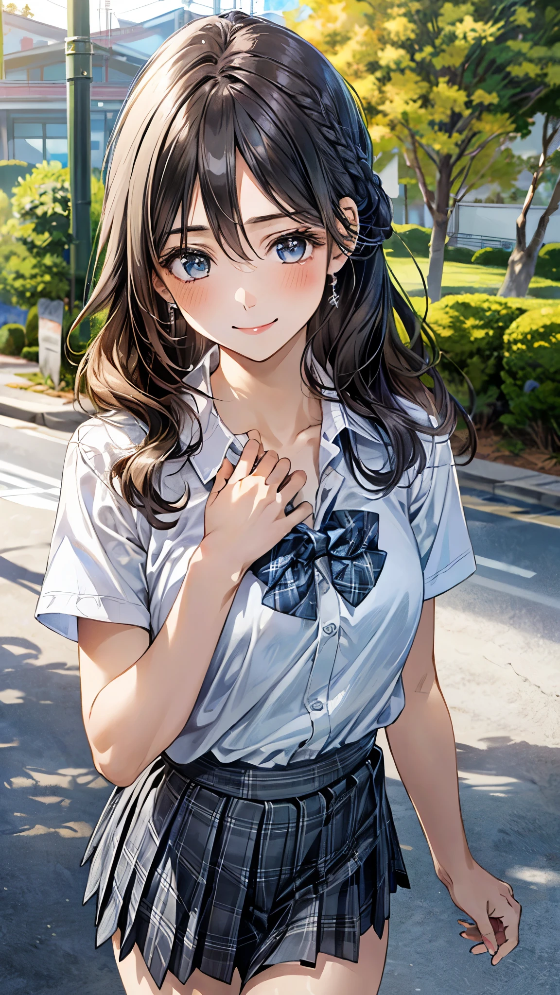 (masterpiece:1.2, top-quality), (realistic, photorealistic:1.4), beautiful illustration, (natural side lighting, movie lighting),
looking at viewer, full body, front view:0.6, 1 girl, japanese, high school girl, perfect face, cute and symmetrical face, shiny hair, shiny skin,
(long hair:1.5, (straight hair. updo hairstyle), blow dry hair), bangs, hair between eyes, blue eyes, long eye lasher, (middle breasts),
beautiful hair, beautiful face, beautiful detailed eyes, beautiful clavicle, beautiful body, beautiful chest, beautiful thigh, beautiful legs, beautiful fingers,
((short sleeve collared white shirt, gray plaid pleated skirt, blue plaid bow tie)),
(beautiful scenery), morning, school gate, walking, (hands on chest, lift up skirt, grab the hem of the skirt), (lovely smile, upper u),