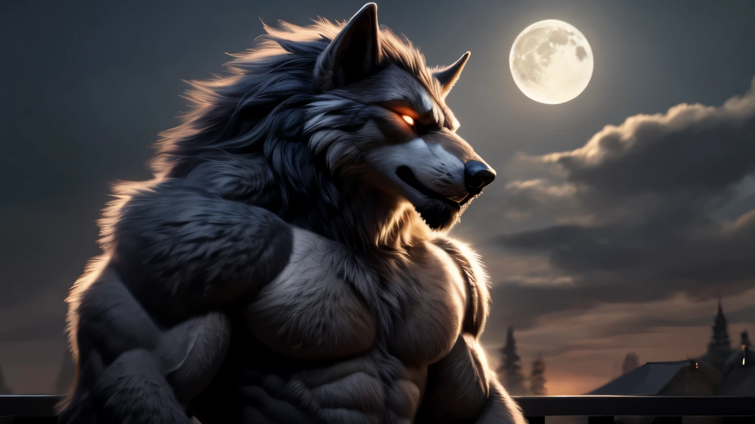 Werewolf male, The body is covered with fluffy fur, , Muscular big breasts, Absolute value of volume, sky, Sensual, detailed, Upload to e621, beautiful and detailed portrait of an anthropomorphic grey werewolf (((male))) minus, Rostran, ruan jia, Upload to e621, Zaush, Fossv, movie lighting, Moon Lamp, glowing eyes, gray fur, long dark mane