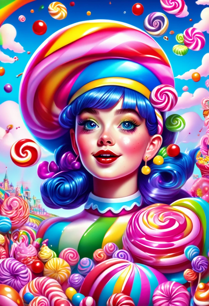 1girl, Candyland, aesthetic, vibrant colors Candyland wonderland gouache swirls detailed Candy art style! Whimsical playful colorful! candy!!! 🍬🍭 Candyland art!! “Hyperrealistic hyperdetailed highly detailed, digital illustration” postmodernism, artstation, poster art, dynamic lighting, cel-shaded, ray tracing reflections