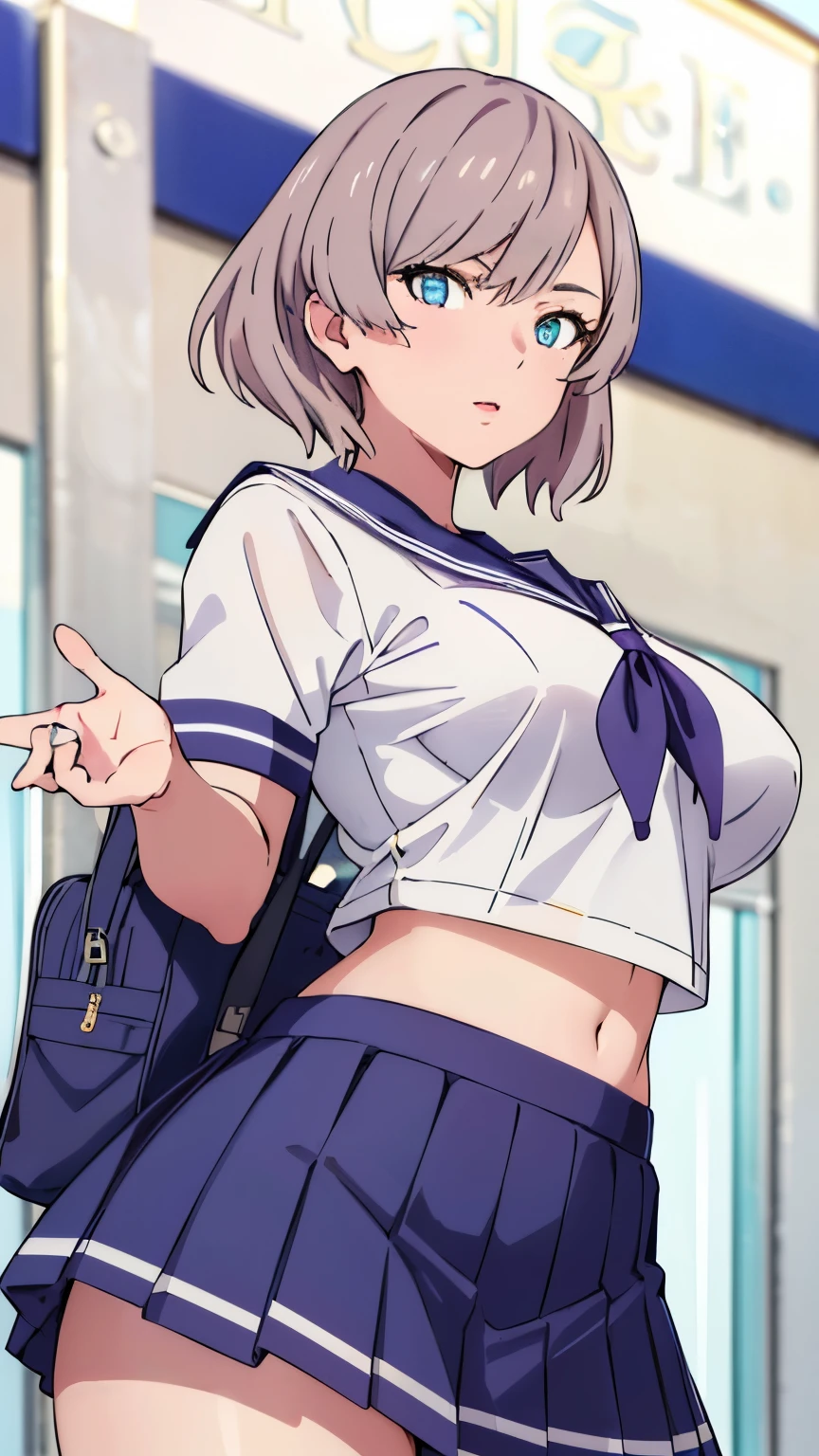 masterpiece, highest quality, High resolution,mujina,,1 girl, blue eyes,(school uniform,sailor suit,mini skirt),stylish pose,looking at the viewer,in the center of the image, (lively_color:1.2) (beautiful_large medium breasts:1.3), (beautiful_face:1.4),(slim_waist), 
