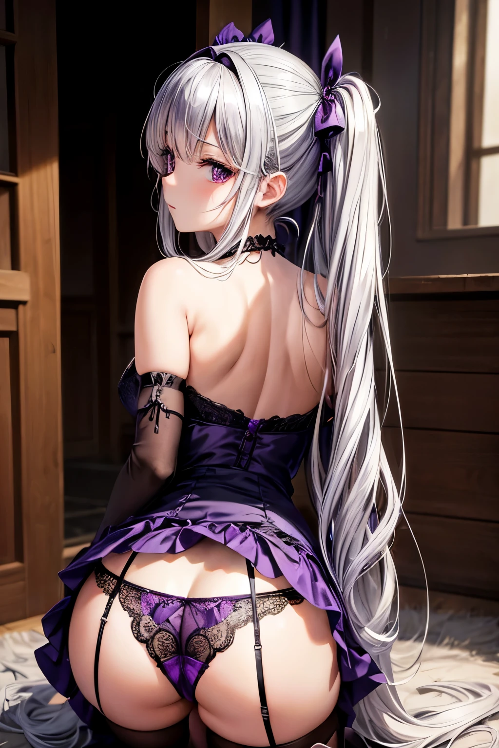 A woman is standing on the floor wearing a gothic ta dress, alone, panties, underwear, skirt, (shiny dark purple satin panties:1.3)、panties that cover the butt、garter belt, Liar, Thighhighs, skirt lift, think back, realistic,cute anime girl,Ideal Style,open leg,focus on butt,crawl on all fours,Highest image quality,Turn around with a serious face,long silver twintails,Lace see-through fabric,Tokizaki Kurumi