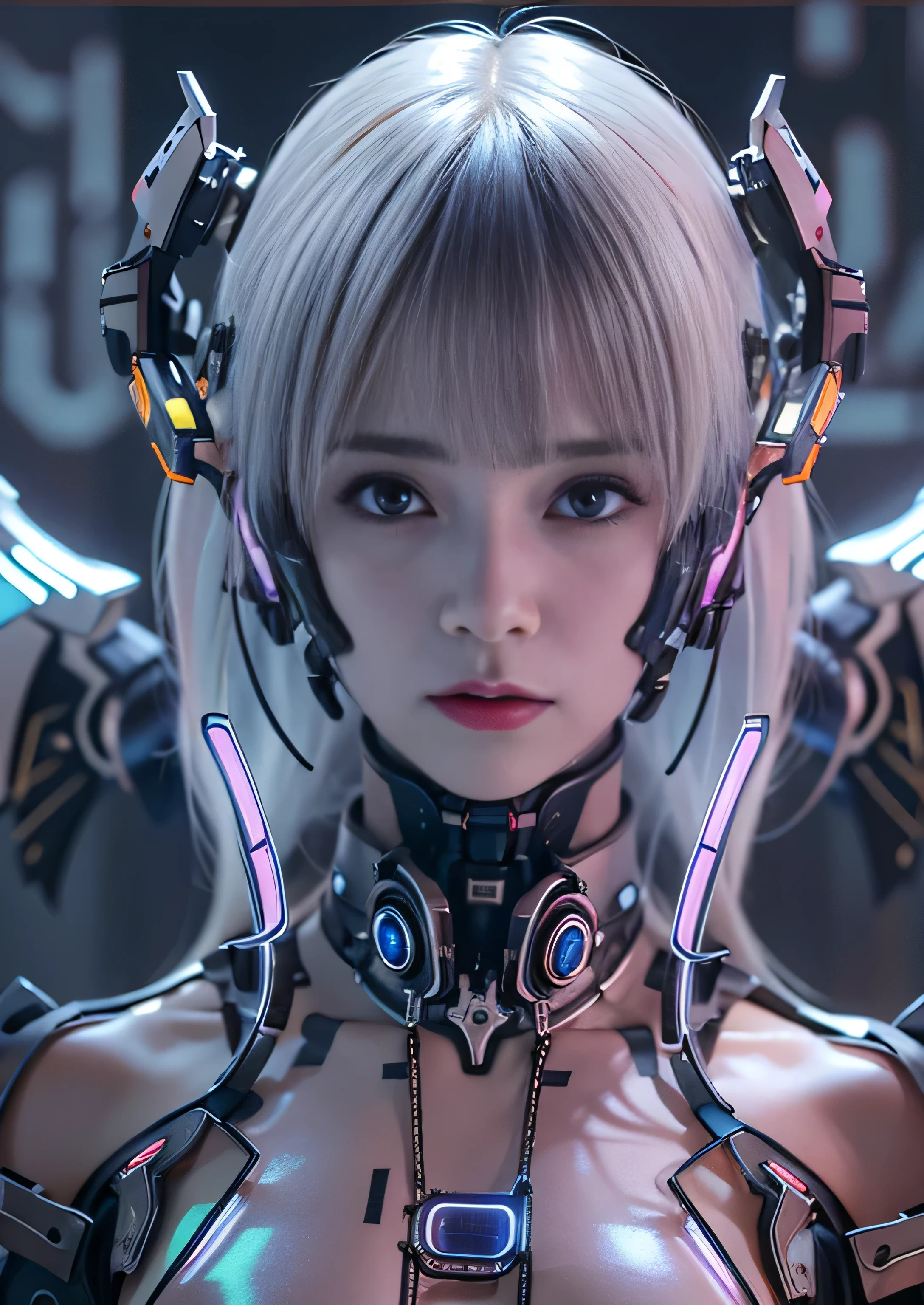 highest quality、master piece、超A high resolution、(Photoreal:1.4)、Raw photo、Combat Robot Angel、Large metal wings、white porcelain body、Acrylic transparent cover、white hair、glowing skin、1 cyborg girl、((Ultra realistic details))、porate、global illumination、Black Shadow、octane rendering、8K、super sharp、character edge light,Huge 、Raw skin exposed in cleavage、intricate decorative details、Gothic ****ta details、hydraulic cylinder、Small LED Light、very intricate details、realistic light、purple eyes、shining eyes、towards the camera、neon light details、cowboy shot、futuristic headgear、About the Floor Plan《cyberpunk characters》、、