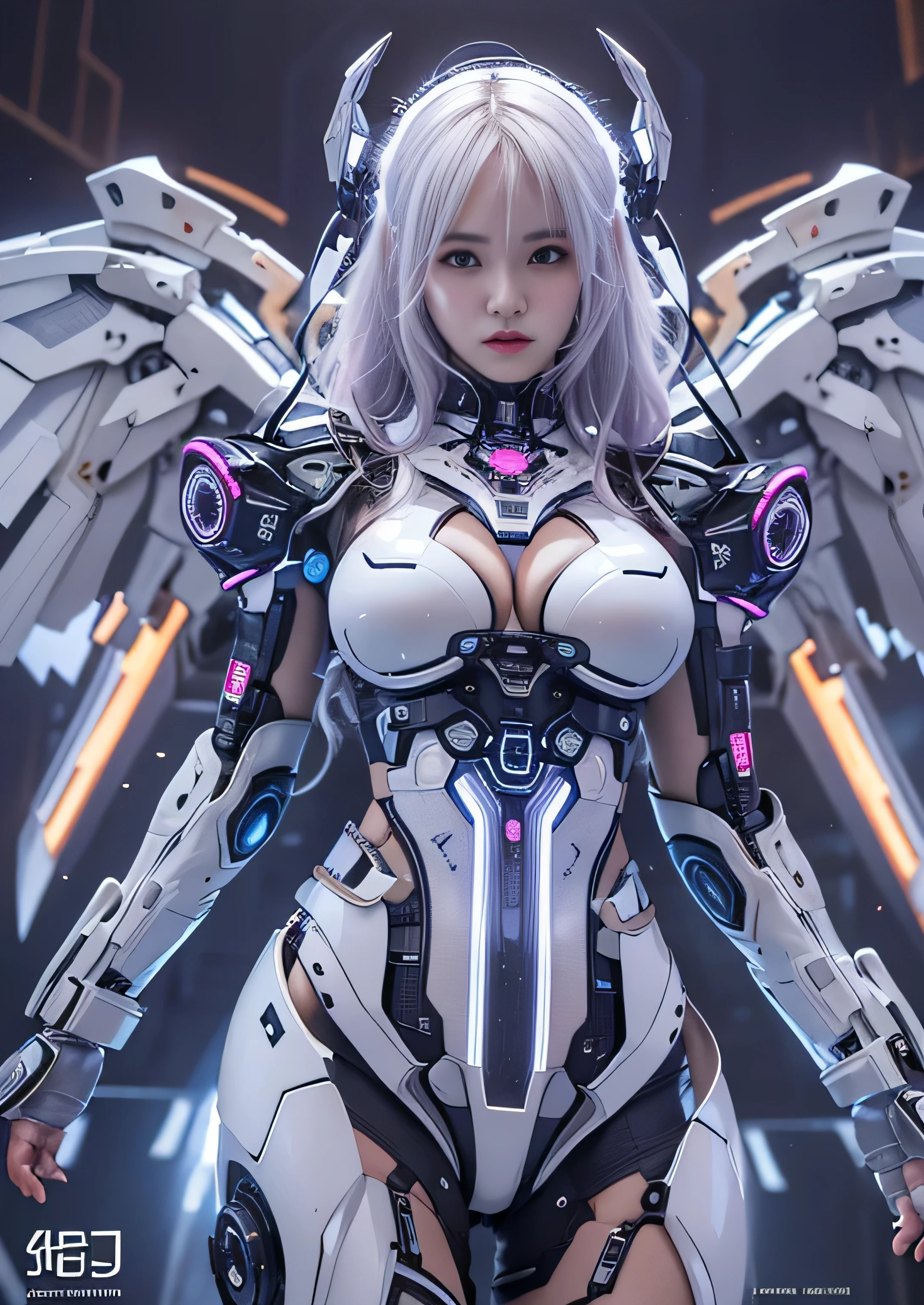 highest quality、master piece、超A high resolution、(Photoreal:1.4)、Raw photo、Combat Robot Angel、Large metal wings、white porcelain body、Acrylic transparent cover、white hair、glowing skin、1 cyborg girl、((Ultra realistic details))、porate、global illumination、Black Shadow、octane rendering、8K、super sharp、character edge light,Huge 、Raw skin exposed in cleavage、intricate decorative details、Gothic ta details、hydraulic cylinder、Small LED Light、very intricate details、realistic light、purple eyes、shining eyes、towards the camera、neon light details、cowboy shot、futuristic headgear、About the Floor Plan《cyberpunk characters》、、