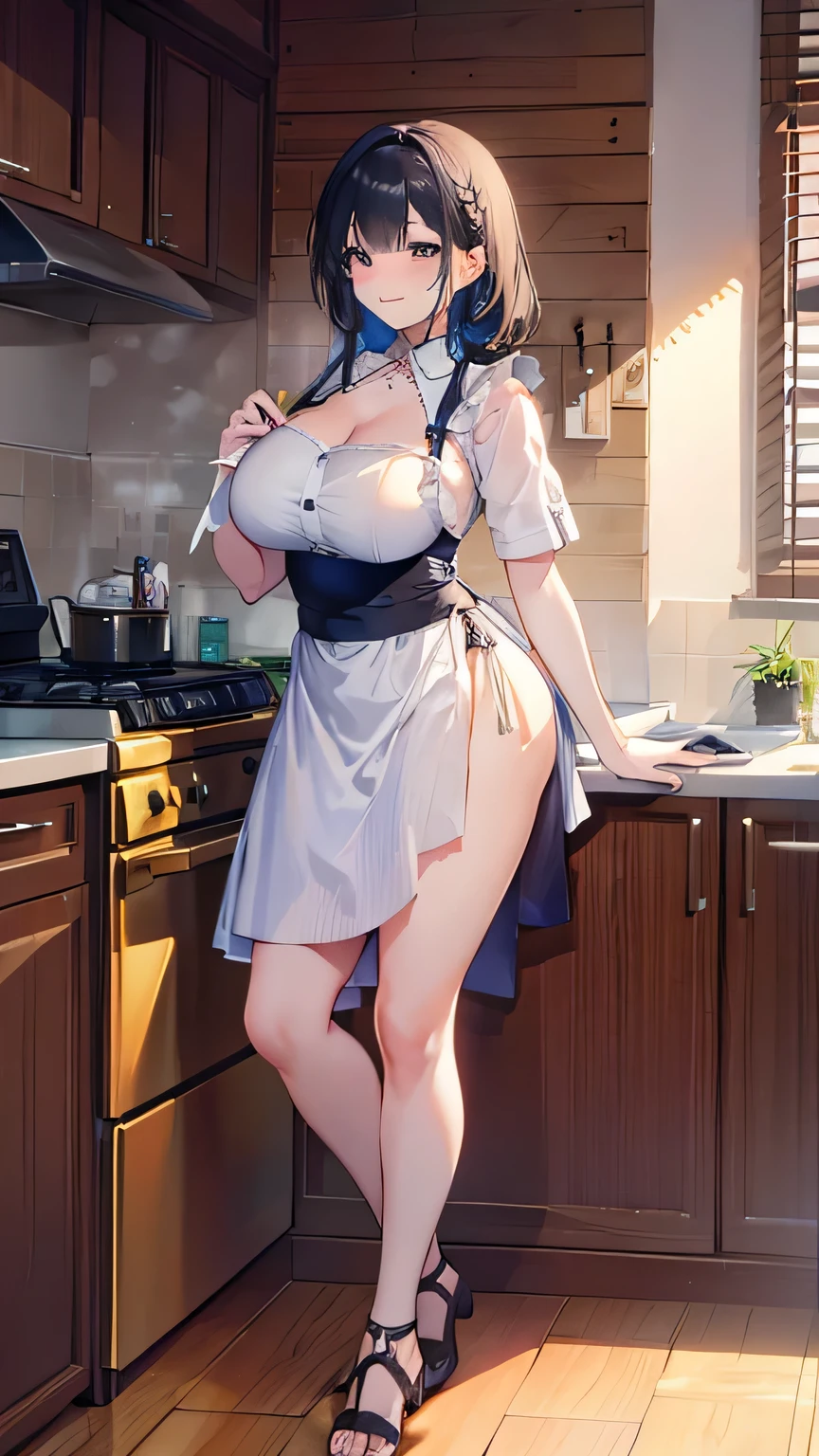 Obra maestra 8k Resolution, ,diferrent colors of hair, full body A confident, curvy woman with a captivating smile, cintura bien definida, manos naturales y detallas, culata, vista trasera, en una encantadora escena de cocina, where she exudes the role of a skilled and stylish housewife, wearing a beautifully designed apron, Preparando perfectamente una deliciosa cena para impresionar a todos.