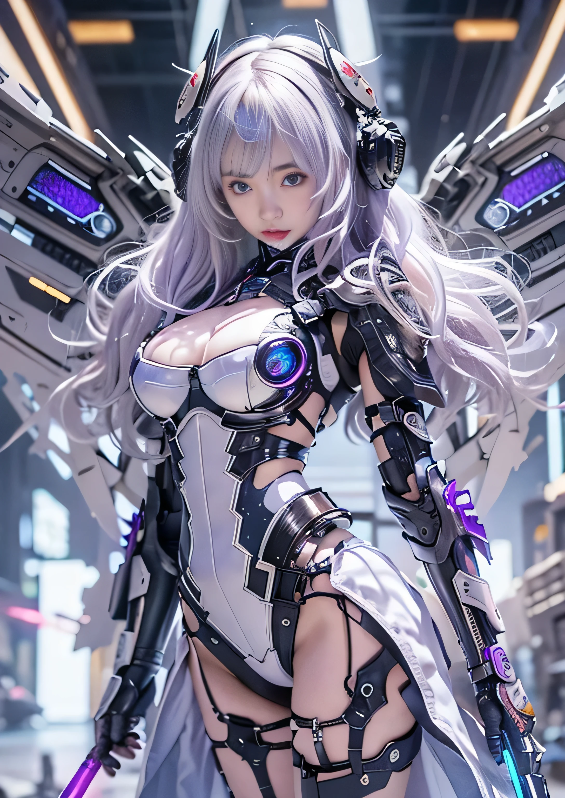 highest quality、master piece、超A high resolution、(Photoreal:1.4)、Raw photo、Combat Robot Angel、Large metal wings、white porcelain body、Acrylic transparent cover、white hair、glowing skin、1 cyborg girl、((Ultra realistic details))、porate、global illumination、Black Shadow、octane rendering、8K、super sharp、character edge light,Huge 、Raw skin exposed in cleavage、intricate decorative details、Gothic Lolita details、hydraulic cylinder、Small LED Light、very intricate details、realistic light、purple eyes、shining eyes、towards the camera、neon light details、cowboy shot、futuristic headgear、About the Floor Plan《cyberpunk characters》、、